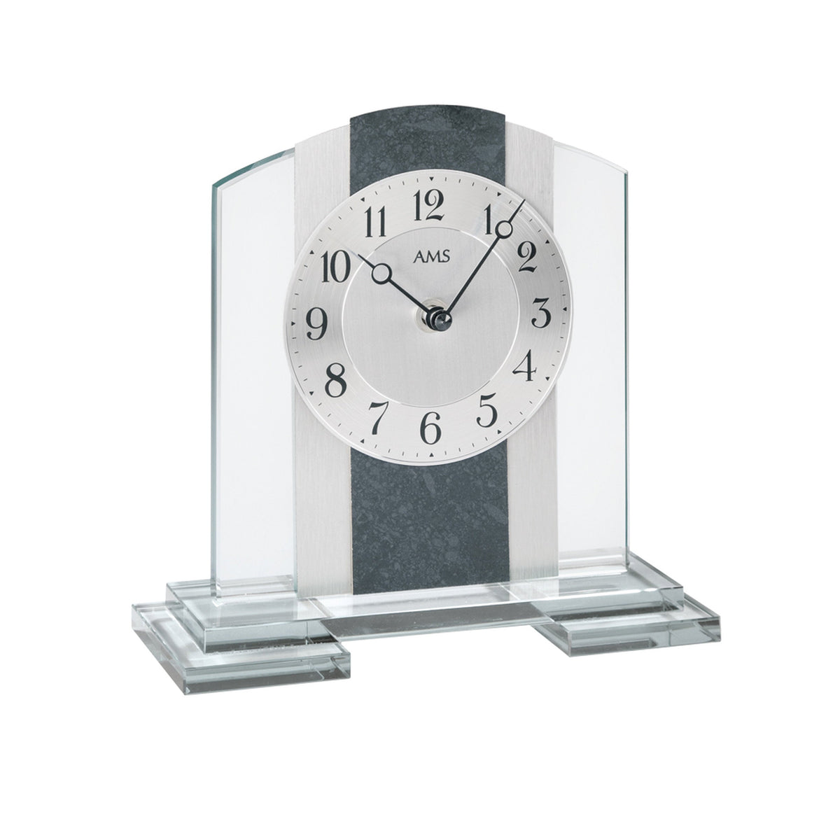 AMS T1121 Tischuhr mit Mineralglasgehäuse, Schiefer und Aluminium-Applikation