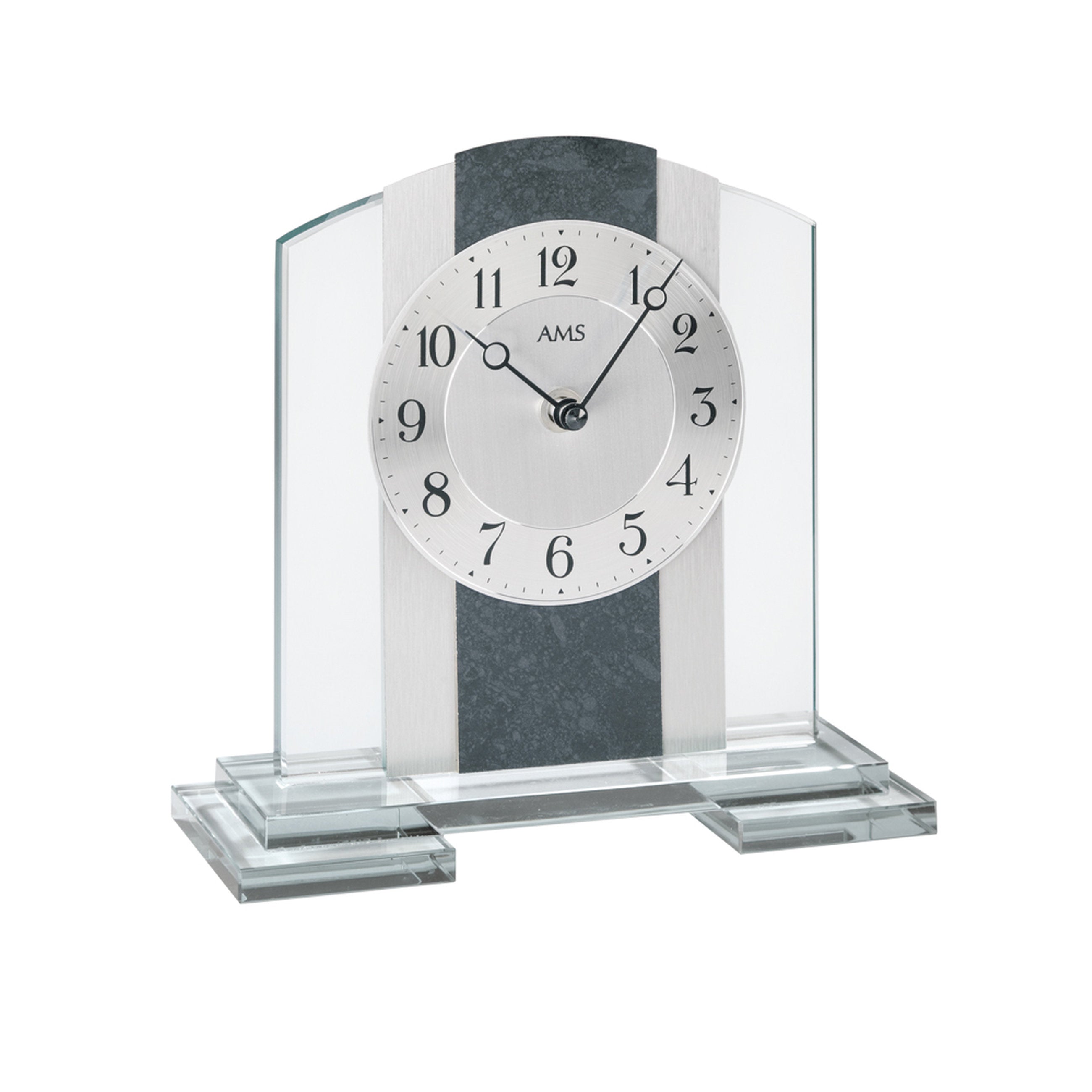AMS T1121 Tischuhr mit Mineralglasgehäuse, Schiefer und Aluminium-Applikation