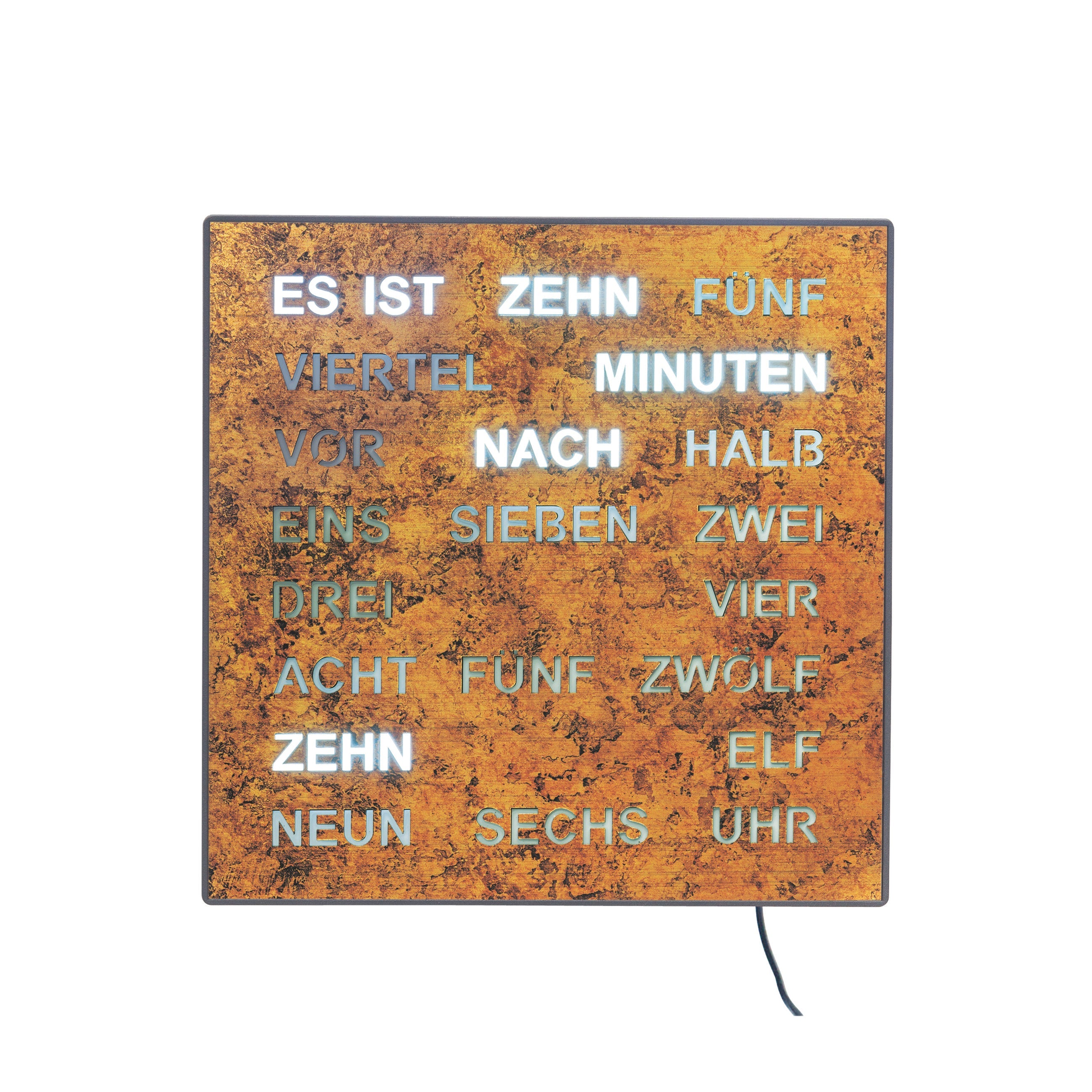 AMS T1243 Tischuhr mit LED-Wortuhr und Wurzelstruktur-Zifferblatt