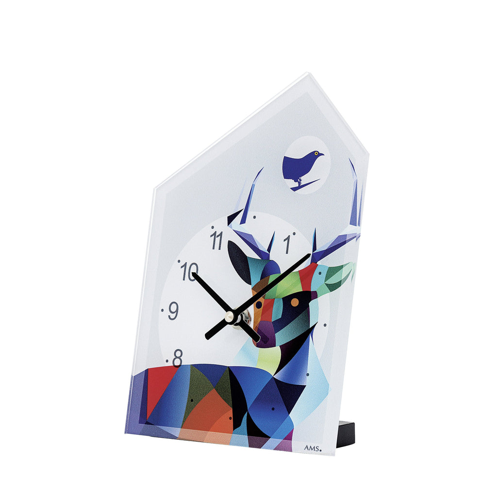 AMS T1252 Tischuhr mit Acrylglas und blauem Hirsch-Design