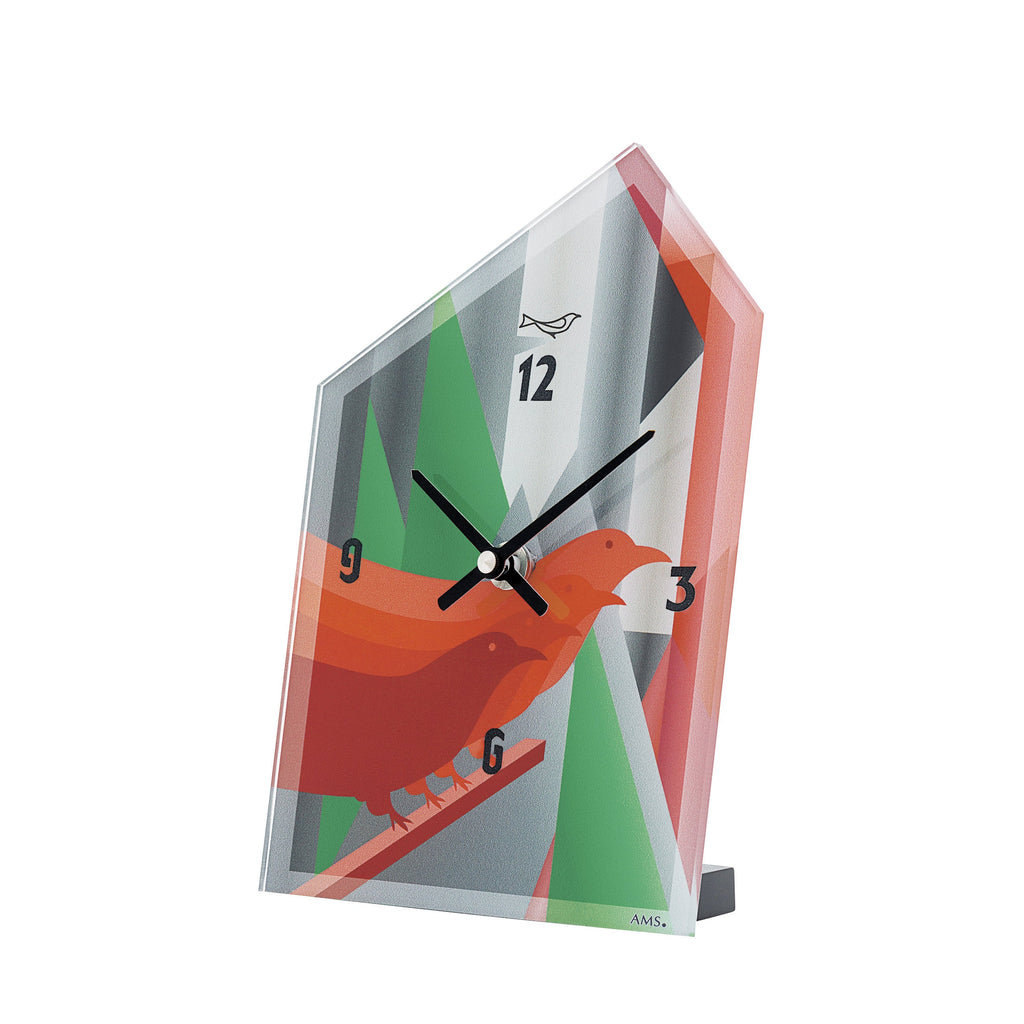 AMS T1254 Tischuhr mit Acrylglas und rotem Vogel-Design