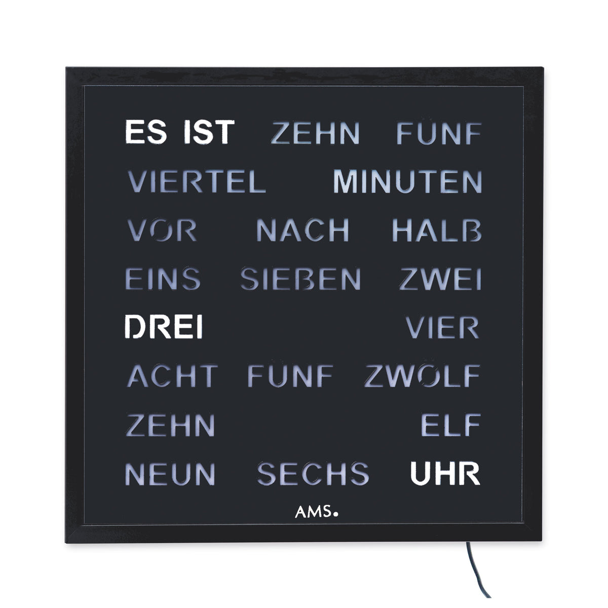 AMS T1265 Tischuhr mit lackiertem Metallgehäuse und schwarzer LED-Wortuhr