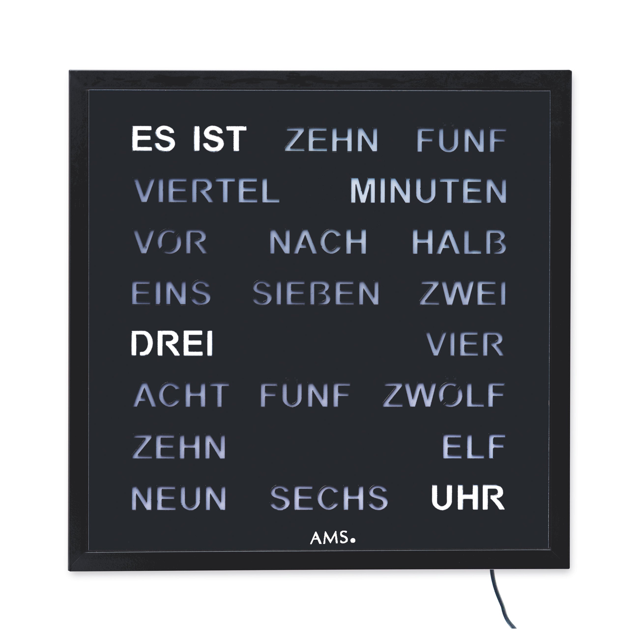 AMS T1265 Tischuhr mit lackiertem Metallgehäuse und schwarzer LED-Wortuhr