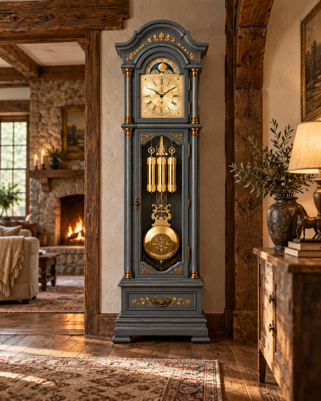 Astra Design AD210-02MA Standuhr „Residenz“ in matt Anthrazit aus massiver Eiche