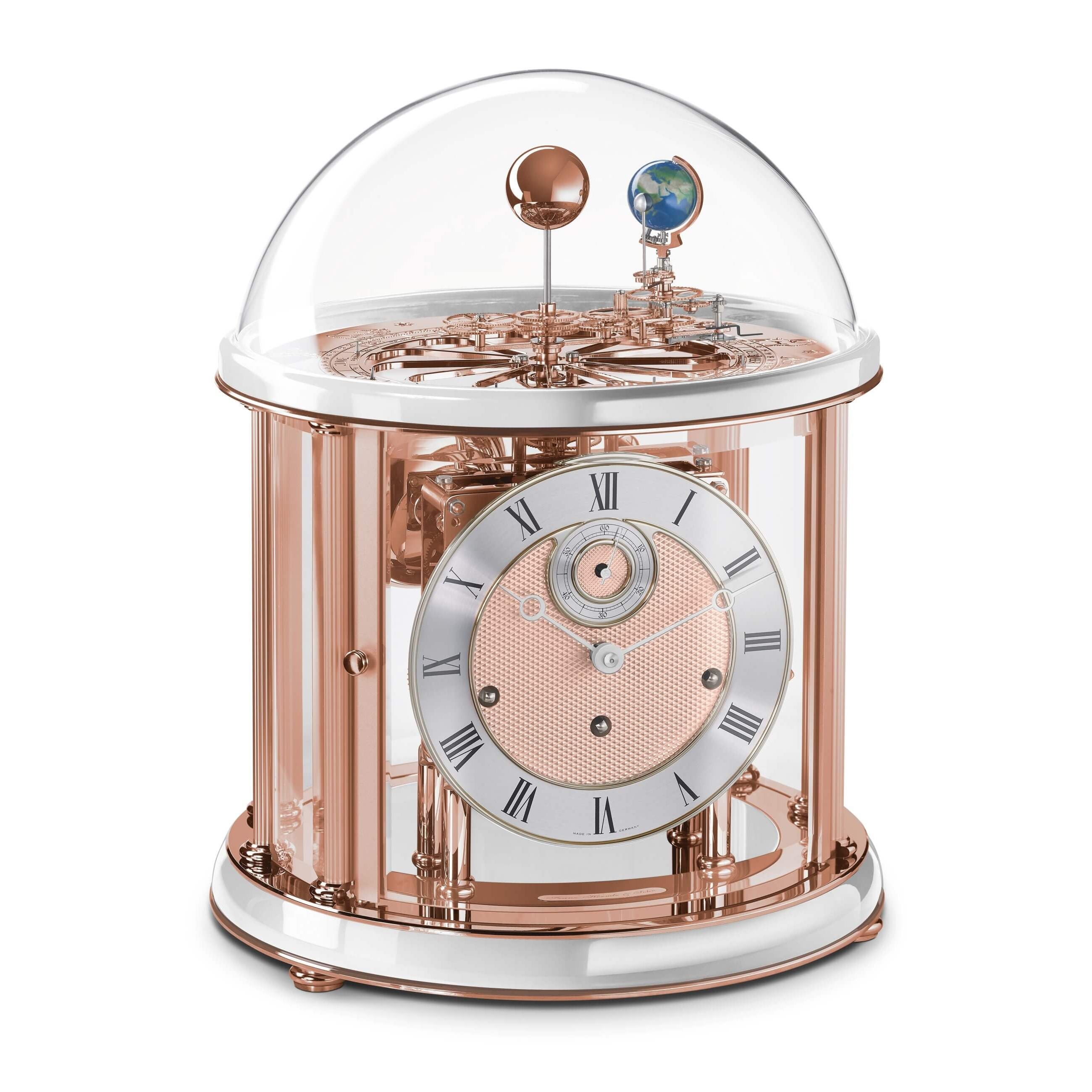 Hermle 22824-000352 Tischuhr Tellurium "Franz Hermle & Sohn" Weißer Sockel & Ring Metallteile inkl. Werk in Rose