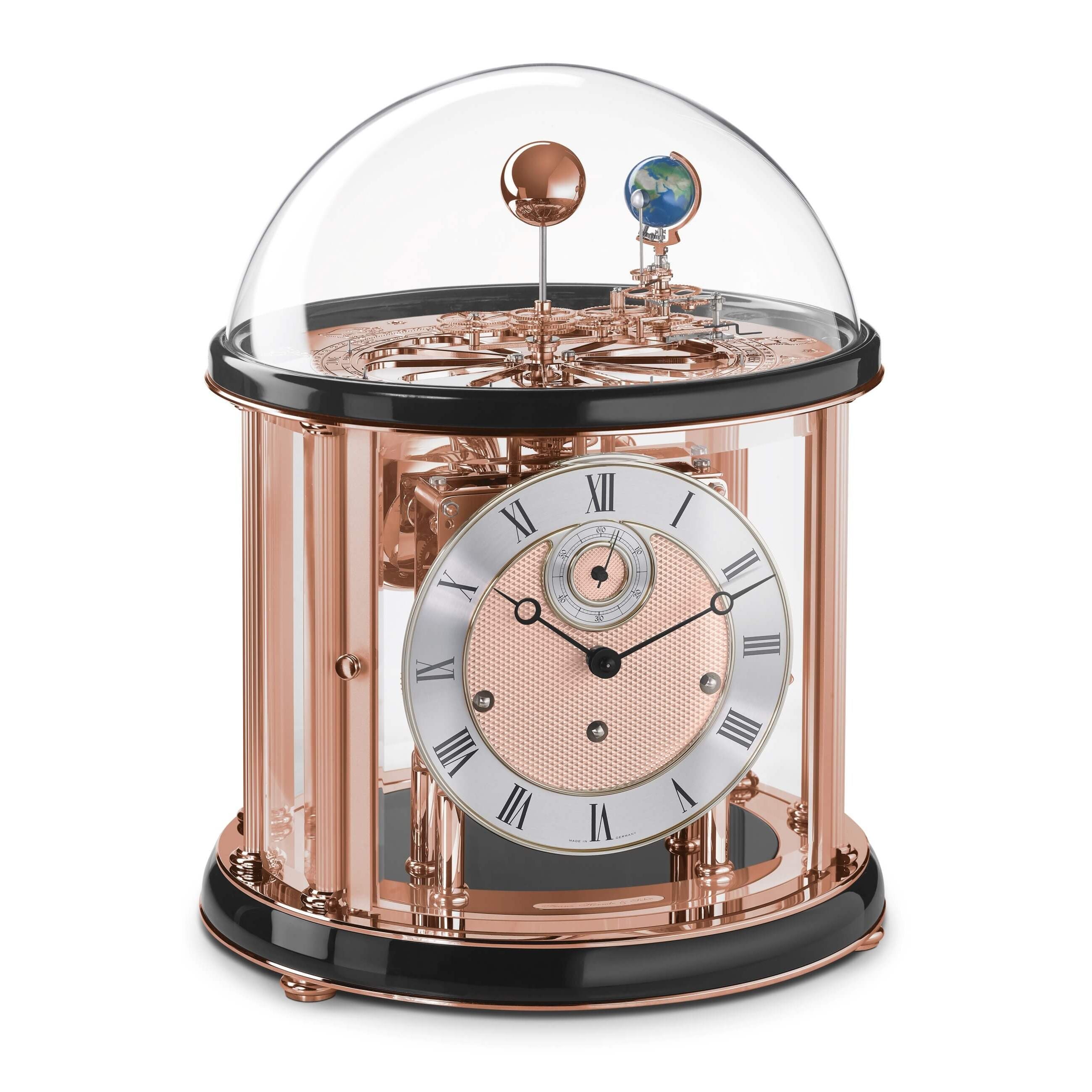 Hermle 22824-740352 Tischuhr Tellurium "Franz Hermle & Sohn" Schwarzer Sockel und Ring Metallteile inkl. Werk in Rosé