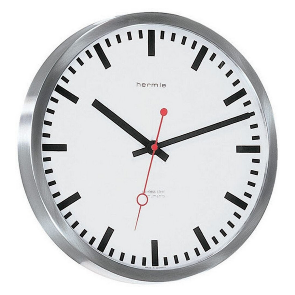 Hermle 30471-002100 Bahnhofsuhr Grand Central rund weiss Zahlenbild Schwarze Balken, EAR Quarzuhrwerk
