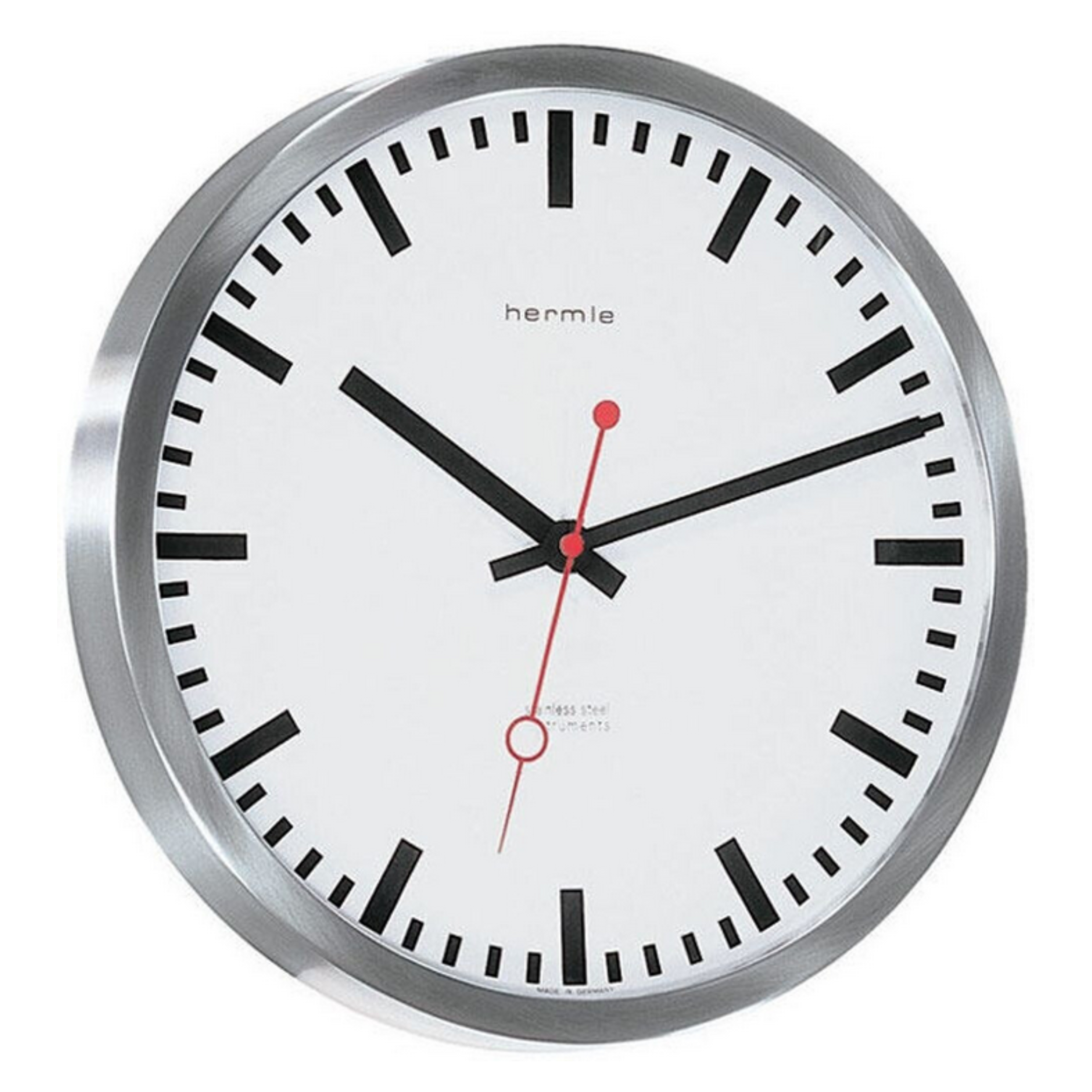 Hermle 30471-002100 Bahnhofsuhr Grand Central rund weiss Zahlenbild Schwarze Balken, EAR Quarzuhrwerk
