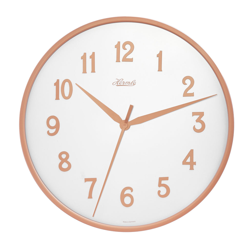  Hermle 30921-V52100 Wanduhr Bahnhofsuhr - Ø 400 Rosefarbener Reif mit weißem Zifferblatt roségoldfarbenen arabischen Zahlen