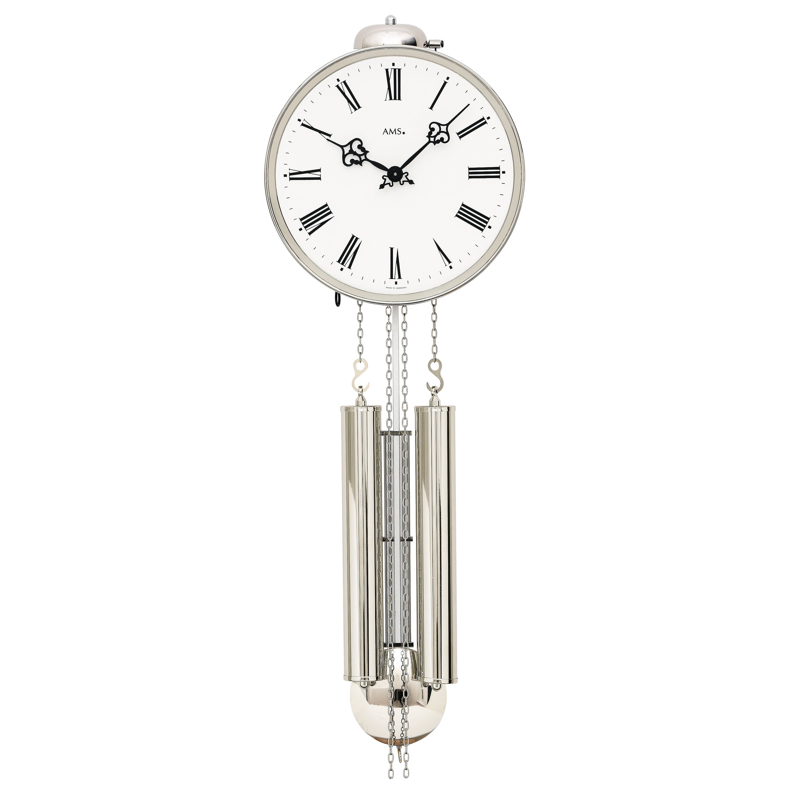 AMS H342 Mechanische Pendeluhr mit vernickeltem Gehäuse und 8-Tage Rundgong-Schlagwerk