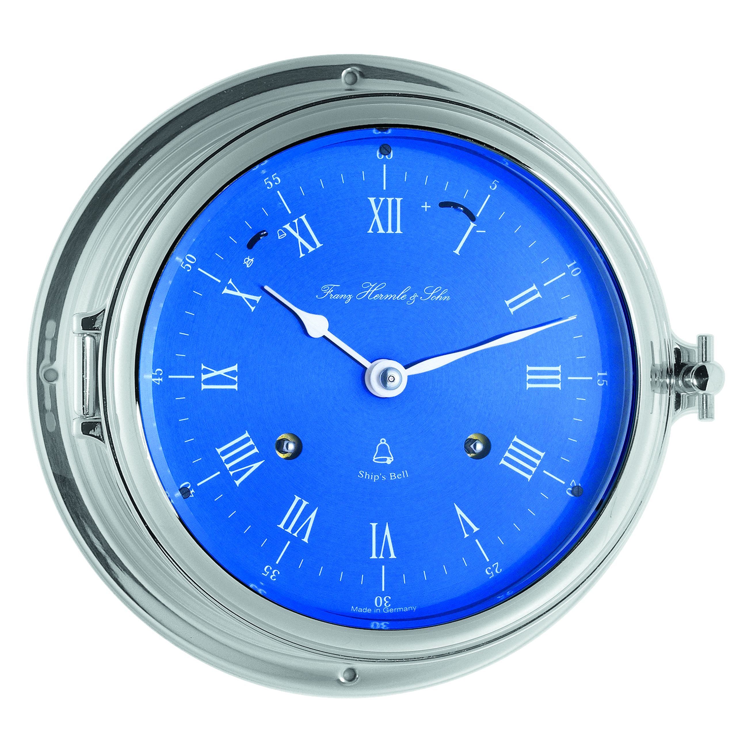 Hermle 35067-000132 Schiffsuhr Royal fortune "Franz Hermle & Sohn" Chrom mit blauem römischen Zifferblatt