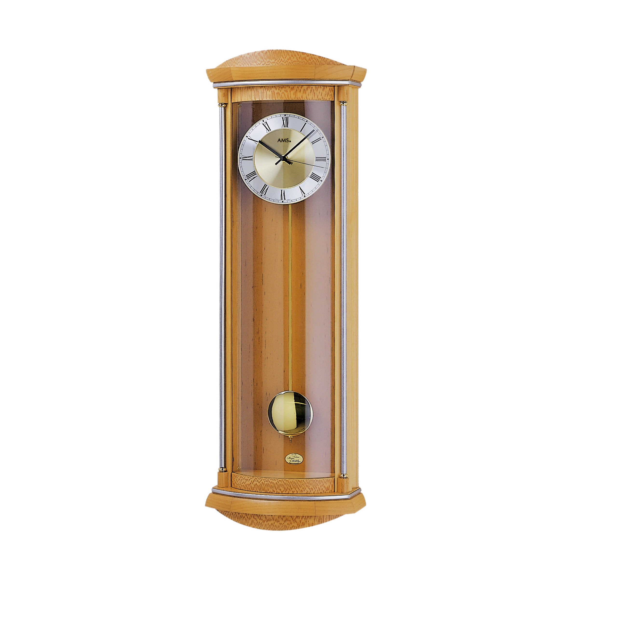 AMS F5080-16 Pendel-Funkwanduhr mit Erlen-Massivholz und Wurzelholz-Pianofinish
