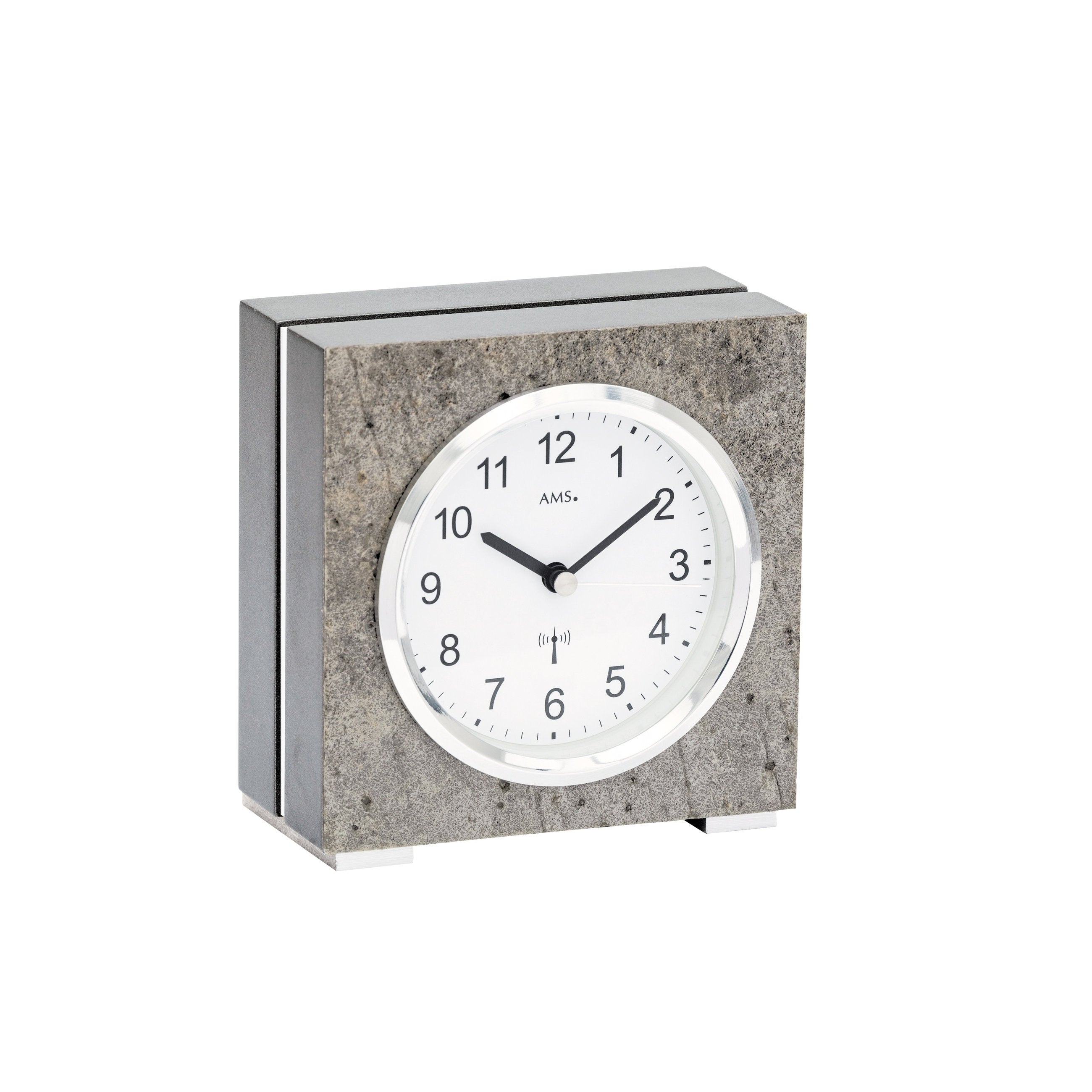 AMS F5156 Funk-Tischuhr mit Holzgehäuse und Stein-Aluminium-Auflage