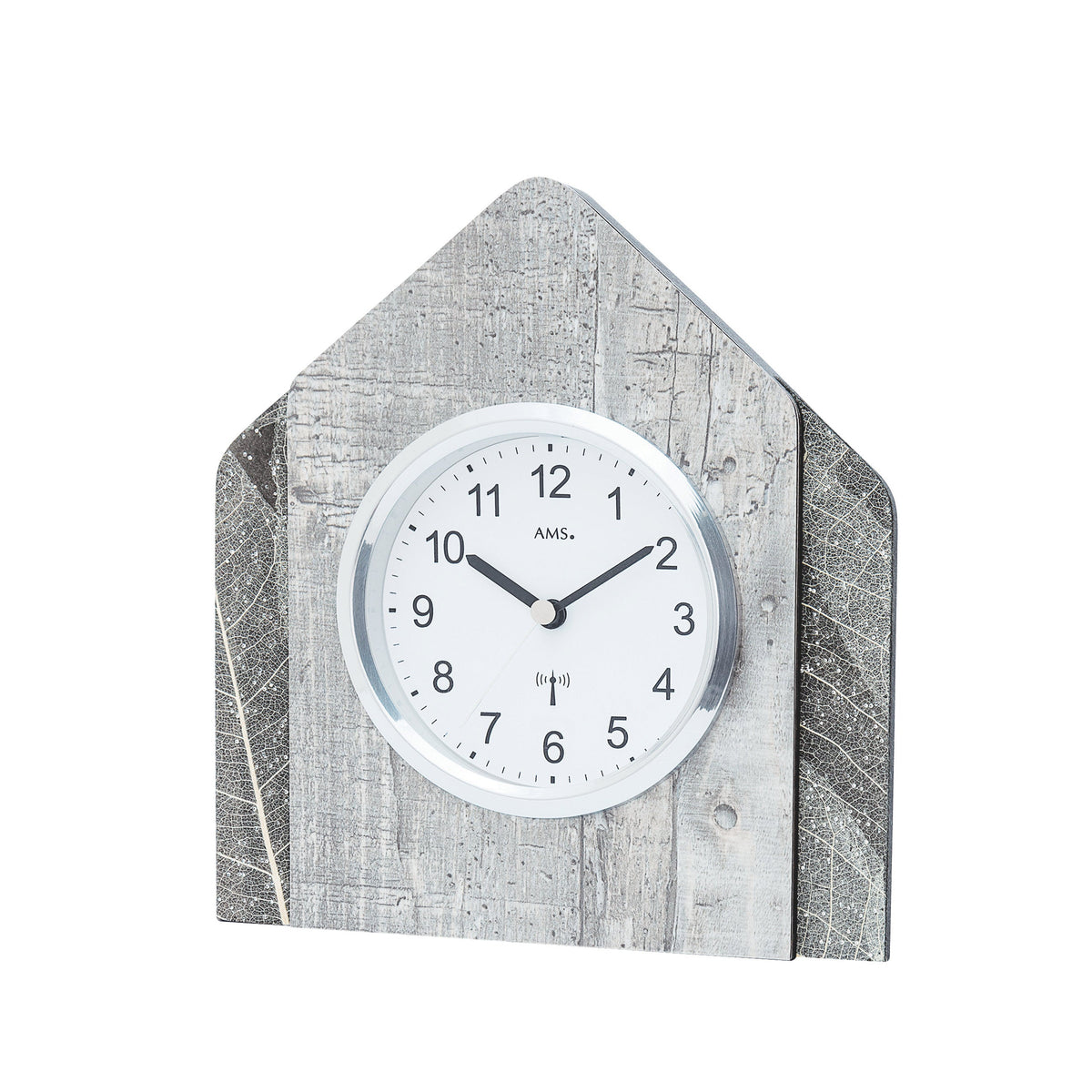 AMS F5168 Funk-Tischuhr mit Holzgehäuse, Natur-Blättern und Swarovski-Kristallen