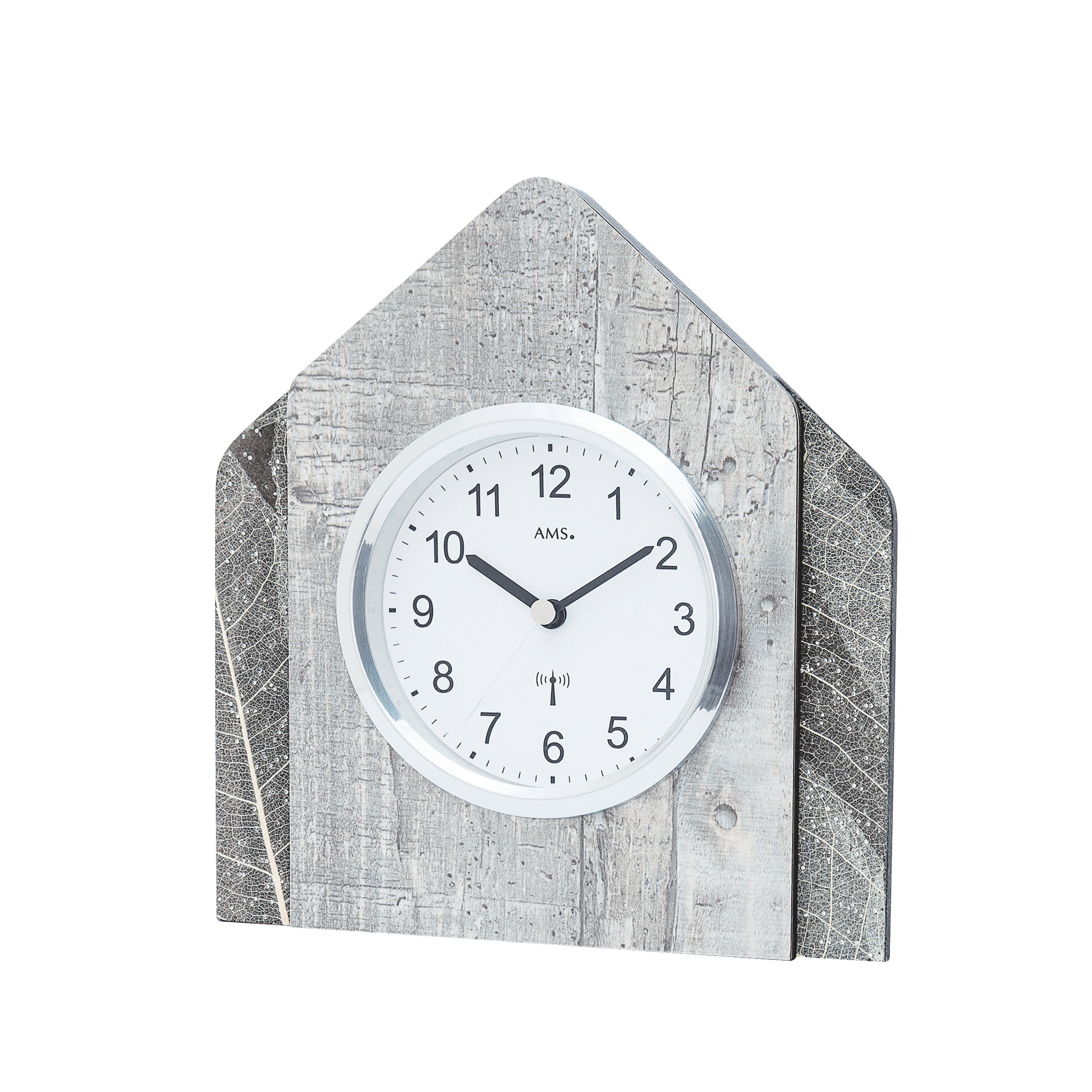 AMS F5168 Funk-Tischuhr mit Holzgehäuse, Natur-Blättern und Swarovski-Kristallen