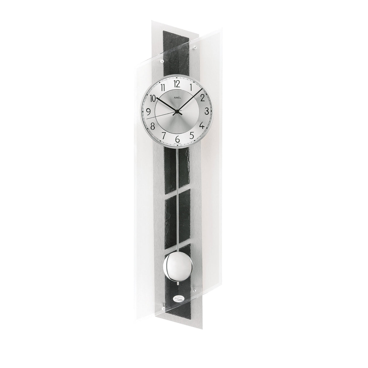 AMS F5217 Pendel-Funkwanduhr mit Aluminium und Schiefer-Auflage