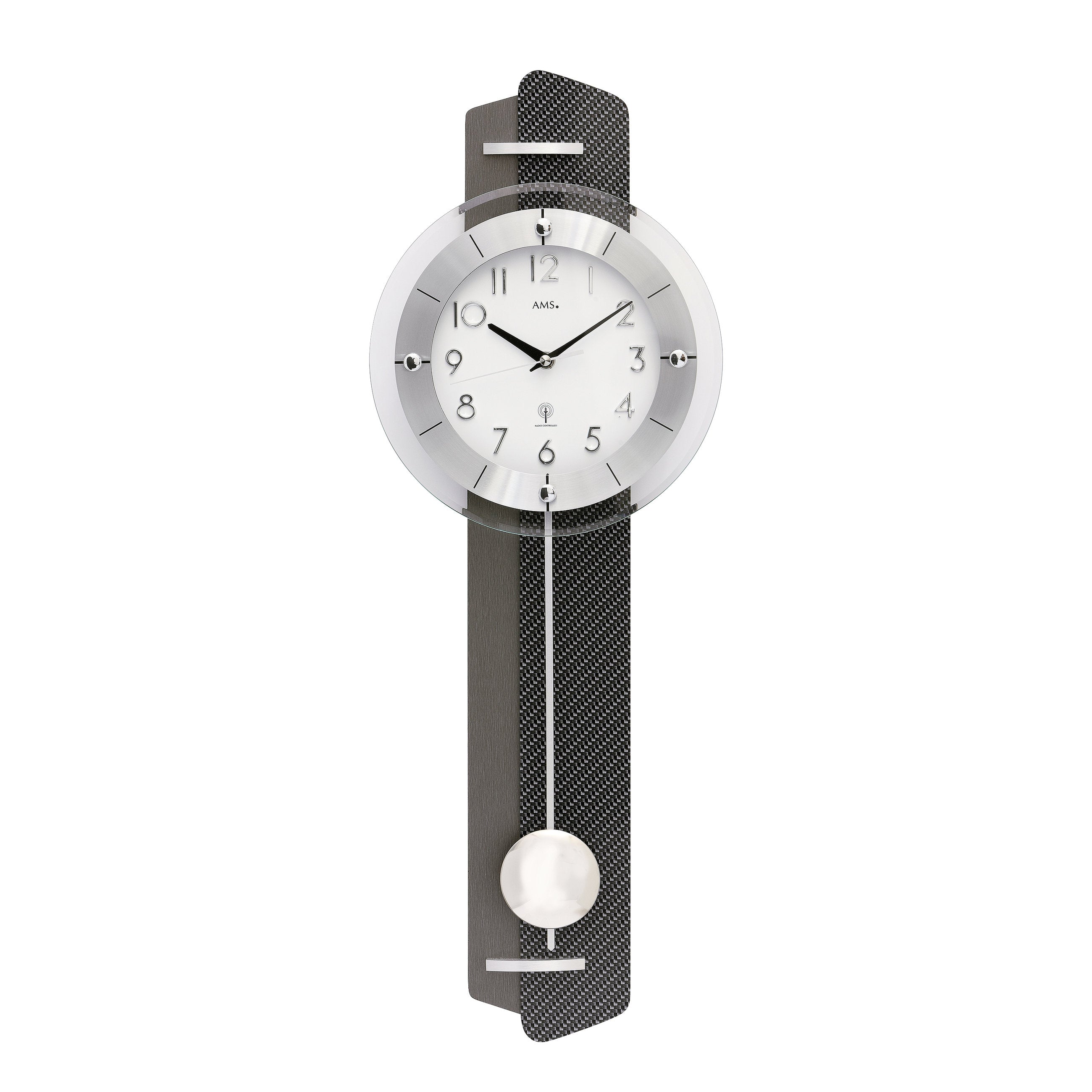 AMS F5264 Pendel-Funkwanduhr mit Carbon-Applikation auf Holzrückwand