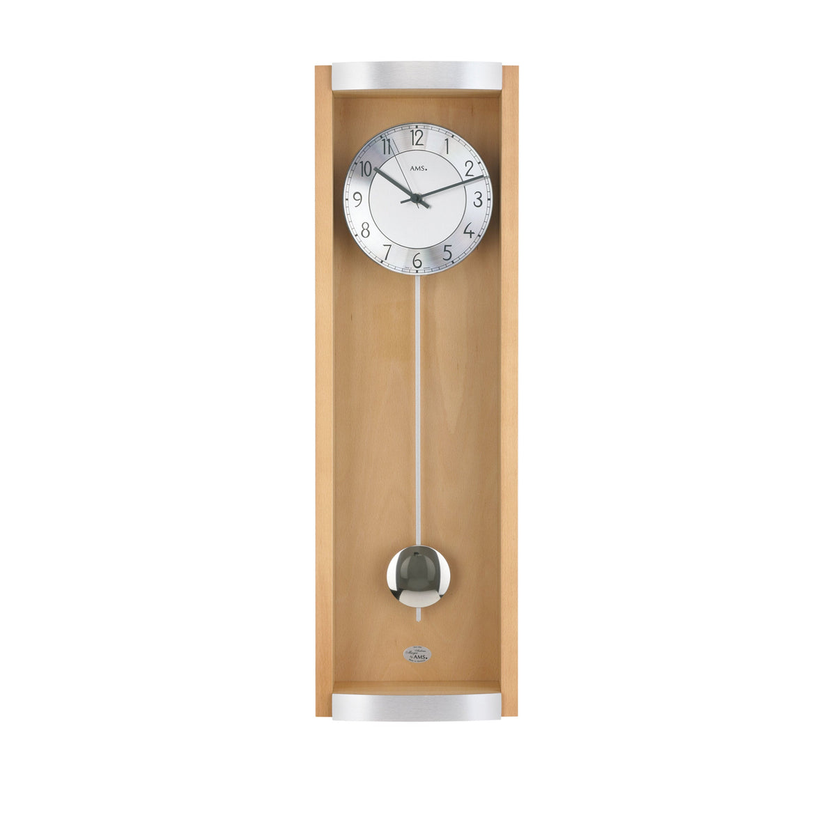 AMS F5285-18 Pendel-Funkwanduhr mit Buchen-Massivholz und Aluminium-Applikation
