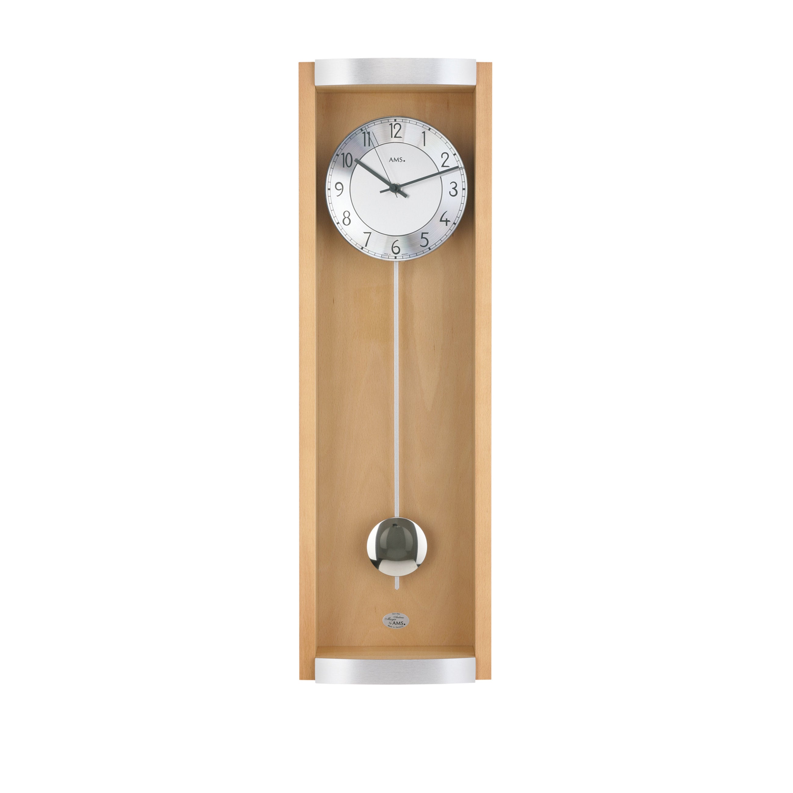 AMS F5285-18 Pendel-Funkwanduhr mit Buchen-Massivholz und Aluminium-Applikation