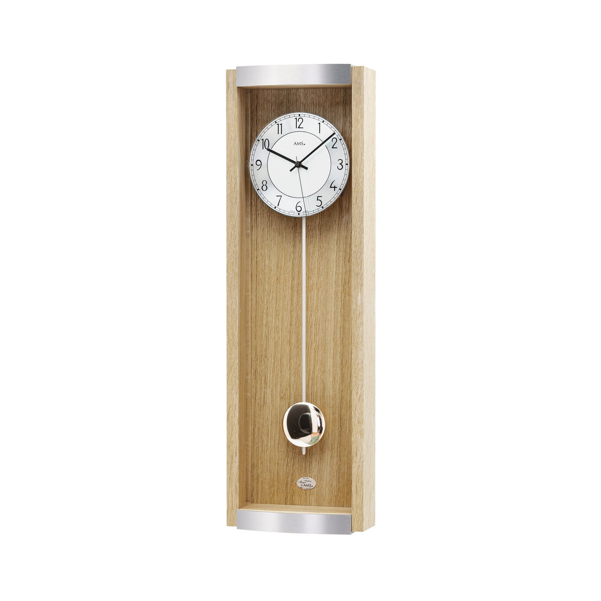 AMS F5285 Pendel-Funkwanduhr mit Eichen-Massivholz und Sonoma-Aluminium