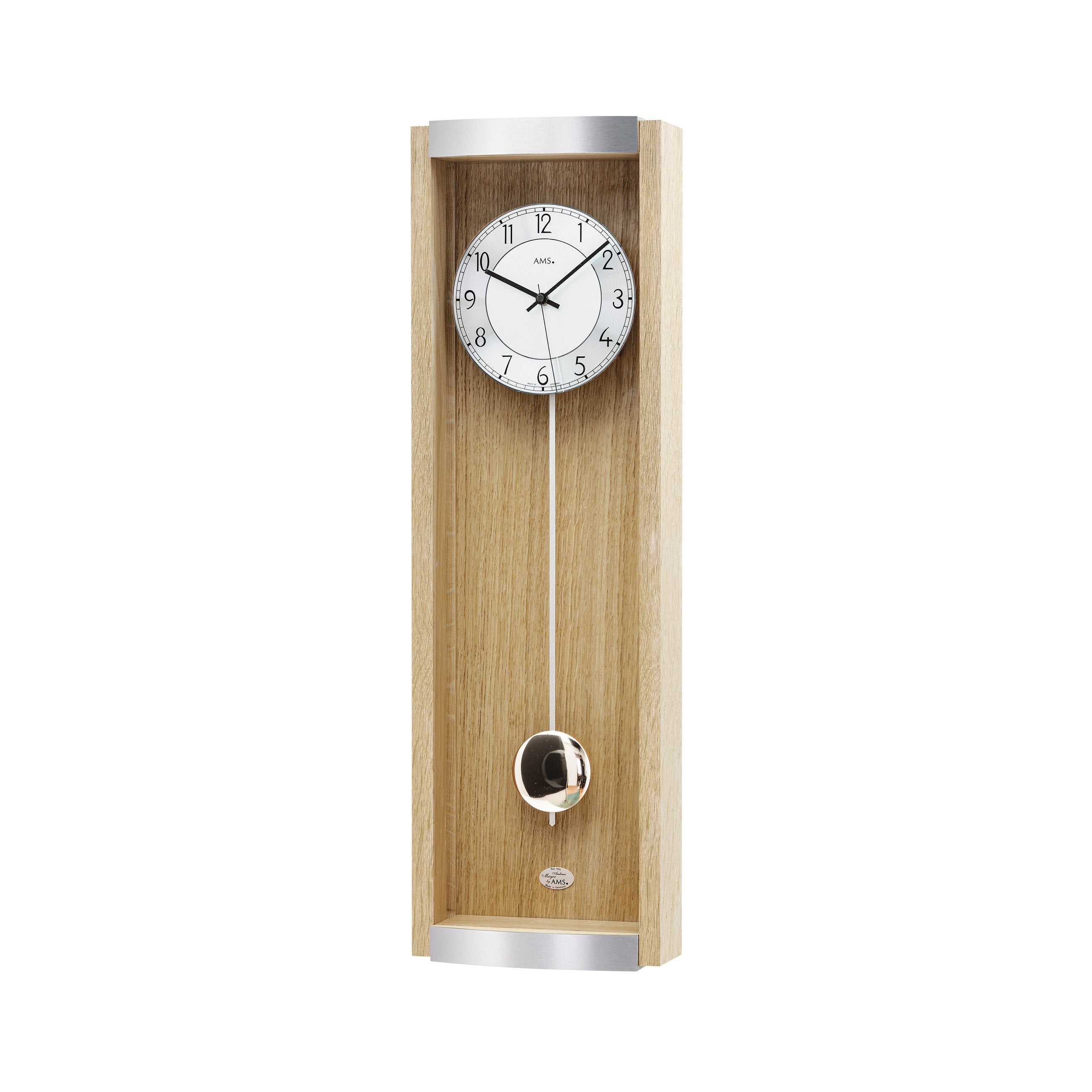 AMS F5285 Pendel-Funkwanduhr mit Eichen-Massivholz und Sonoma-Aluminium