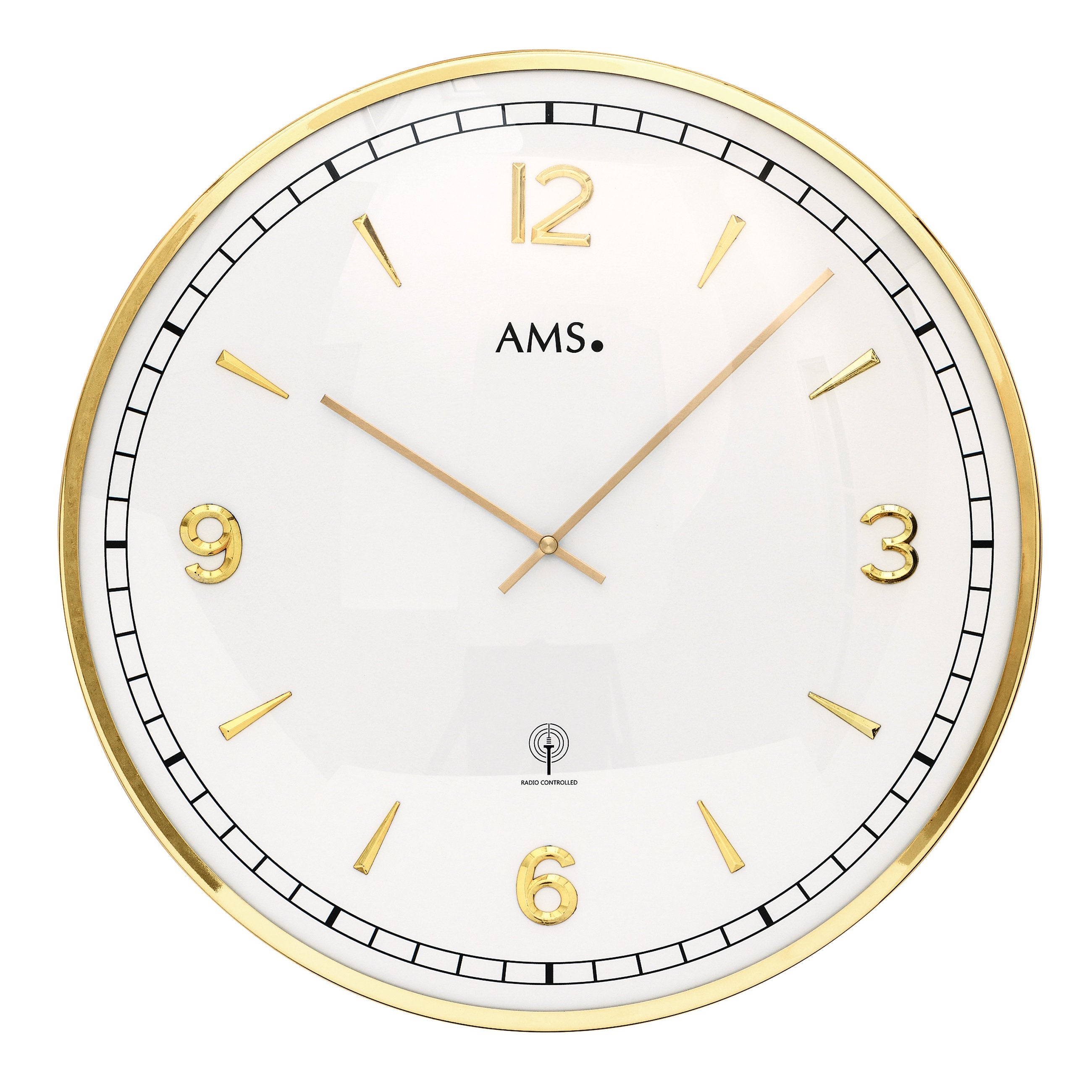 AMS F5609 Funkwanduhr mit messinglackiertem Aluminium-Frontring