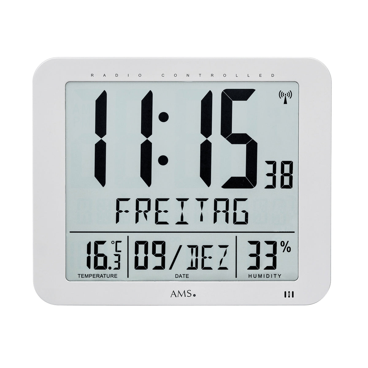 AMS F5884 Funkwanduhr mit digitaler LCD-Anzeige und Raumklimadaten