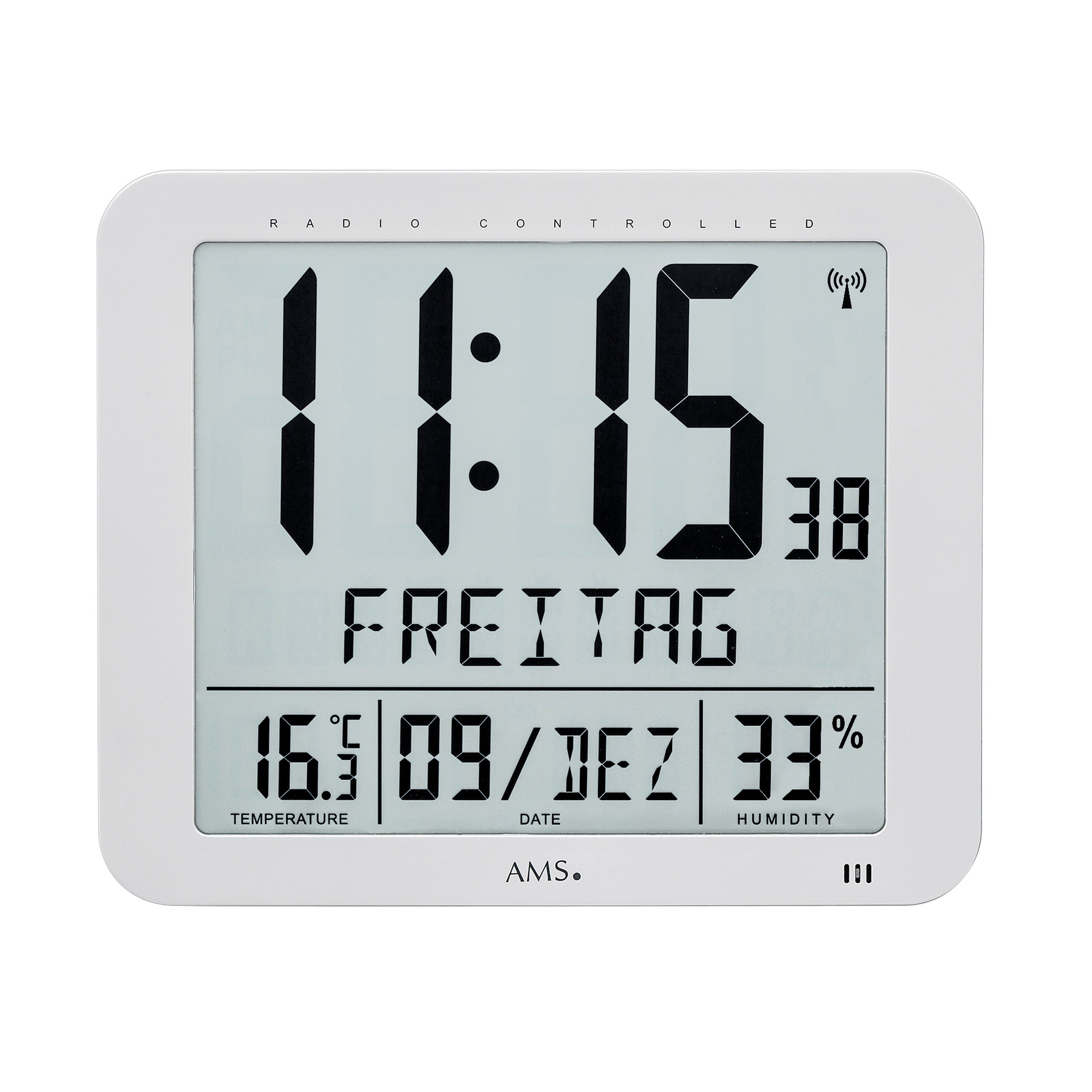 AMS F5884 Funkwanduhr mit digitaler LCD-Anzeige und Raumklimadaten