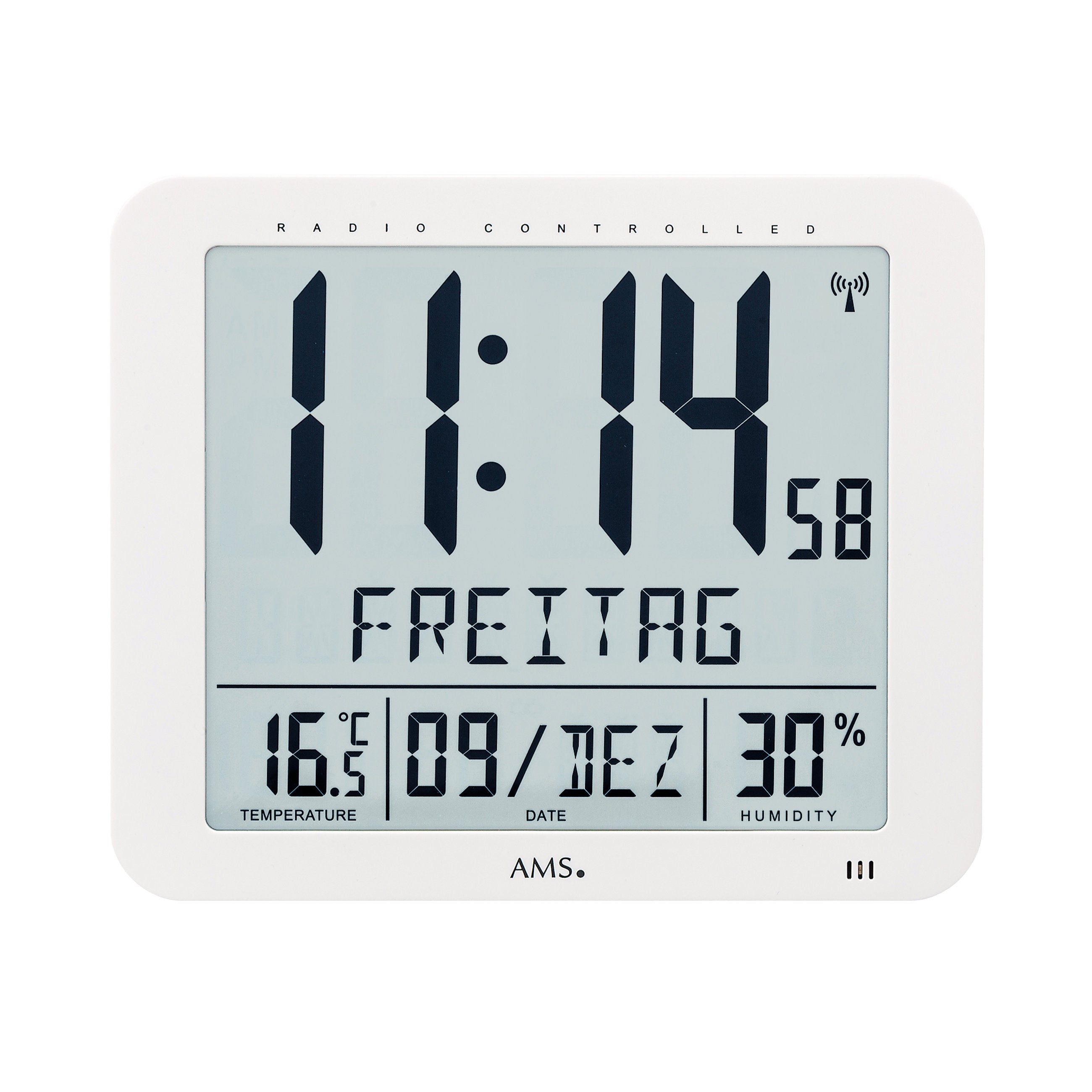 AMS F5886 Funkwanduhr mit digitaler LCD-Anzeige und Raumklimadaten