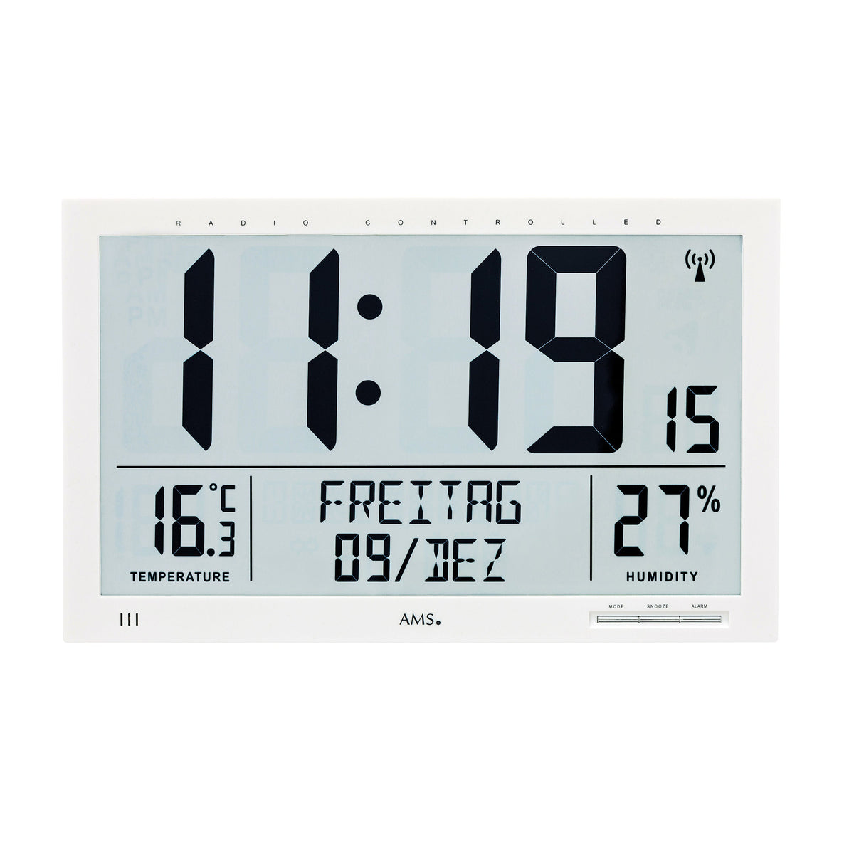 AMS F5887 Funkwanduhr mit digitaler LCD-Anzeige und Raumklimadaten