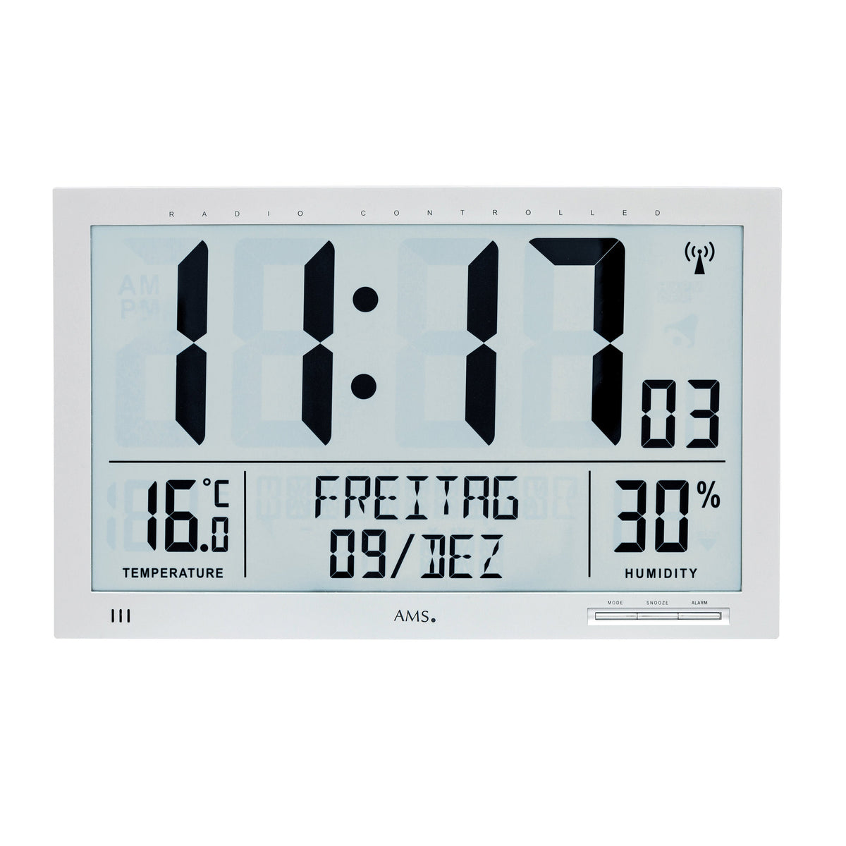 AMS F5888 Funkwanduhr mit digitaler LCD-Anzeige und Raumklimadaten