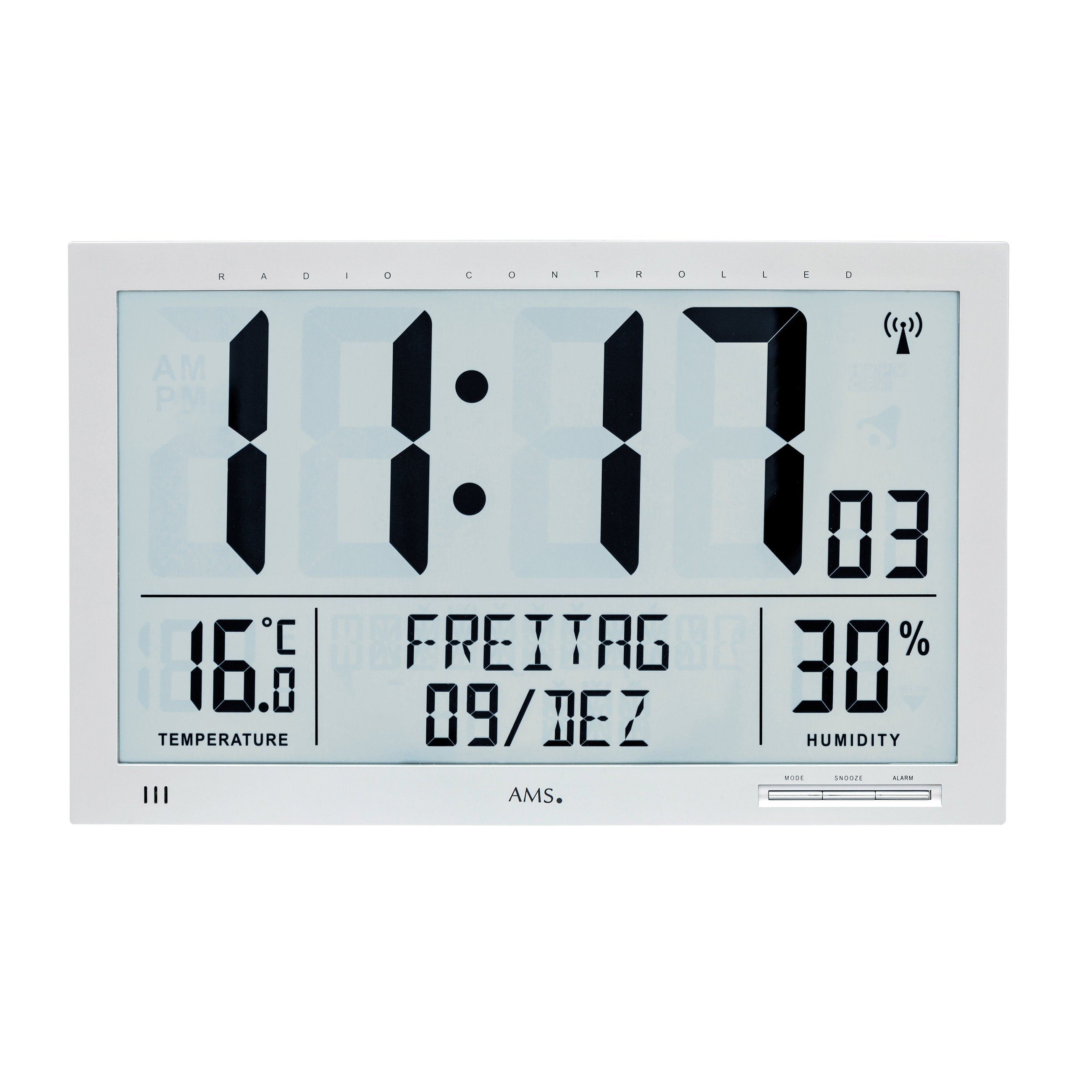 AMS F5888 Funkwanduhr mit digitaler LCD-Anzeige und Raumklimadaten
