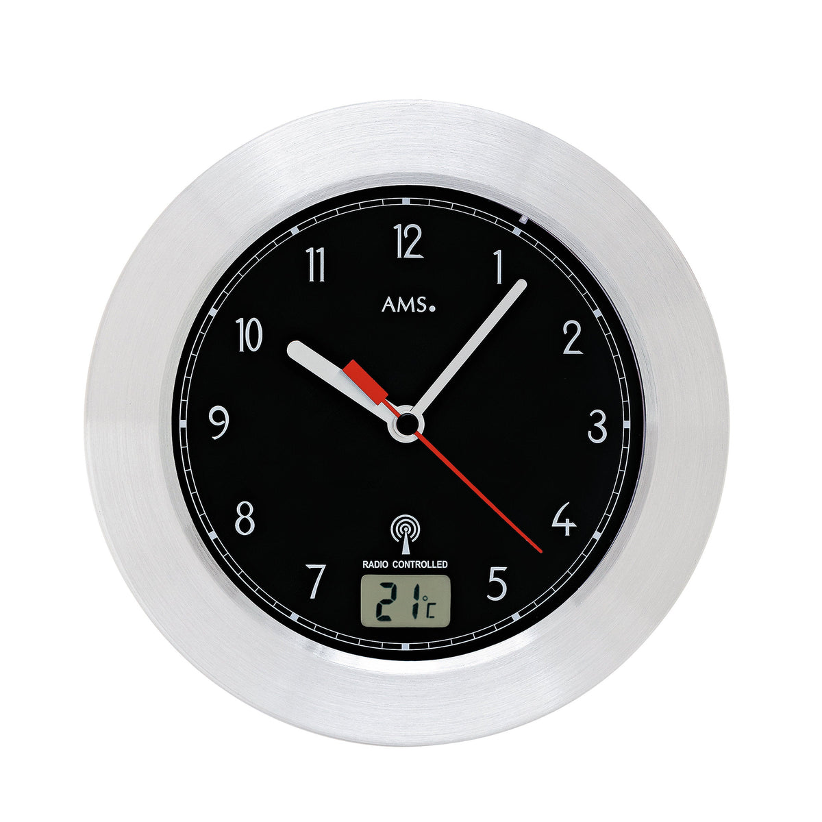 AMS F5919 Funkwanduhr mit digitaler LCD-Anzeige in Aluminiumoptik