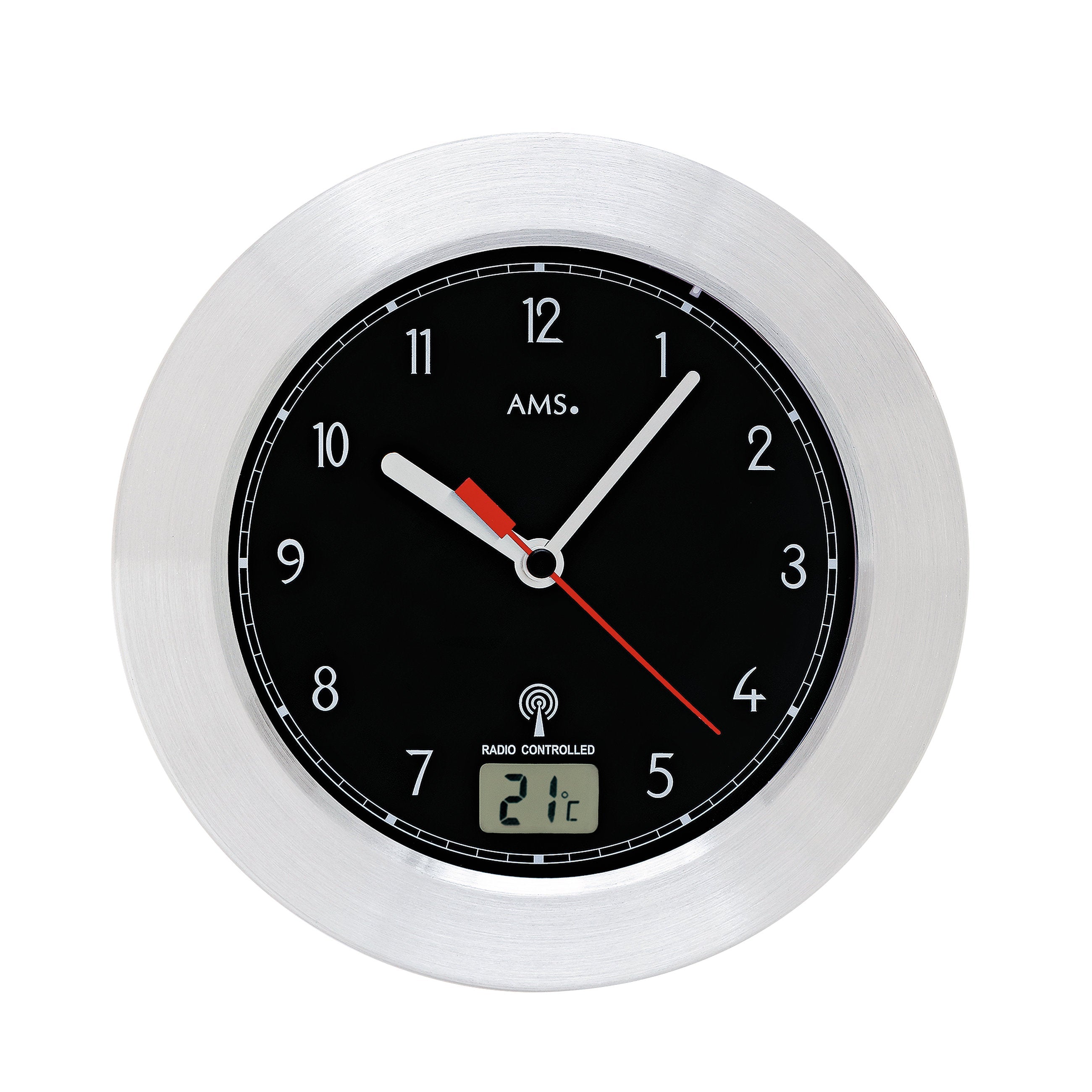 AMS F5919 Funkwanduhr mit digitaler LCD-Anzeige in Aluminiumoptik