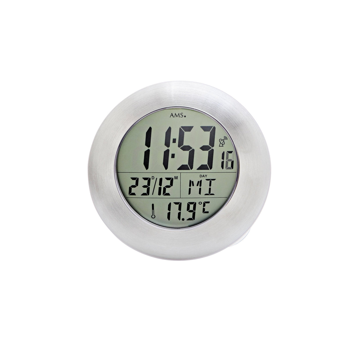 AMS F5929 Funkwanduhr mit digitaler LCD-Anzeige in Aluminiumoptik