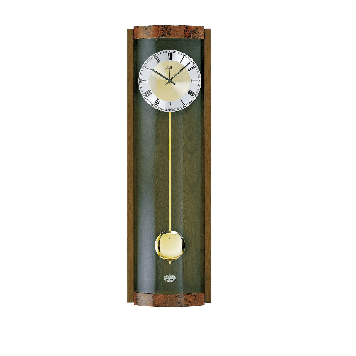 AMS W7087-1 Pendelwanduhr mit Nussbaum-Massivholz und Wurzelholz-Finish