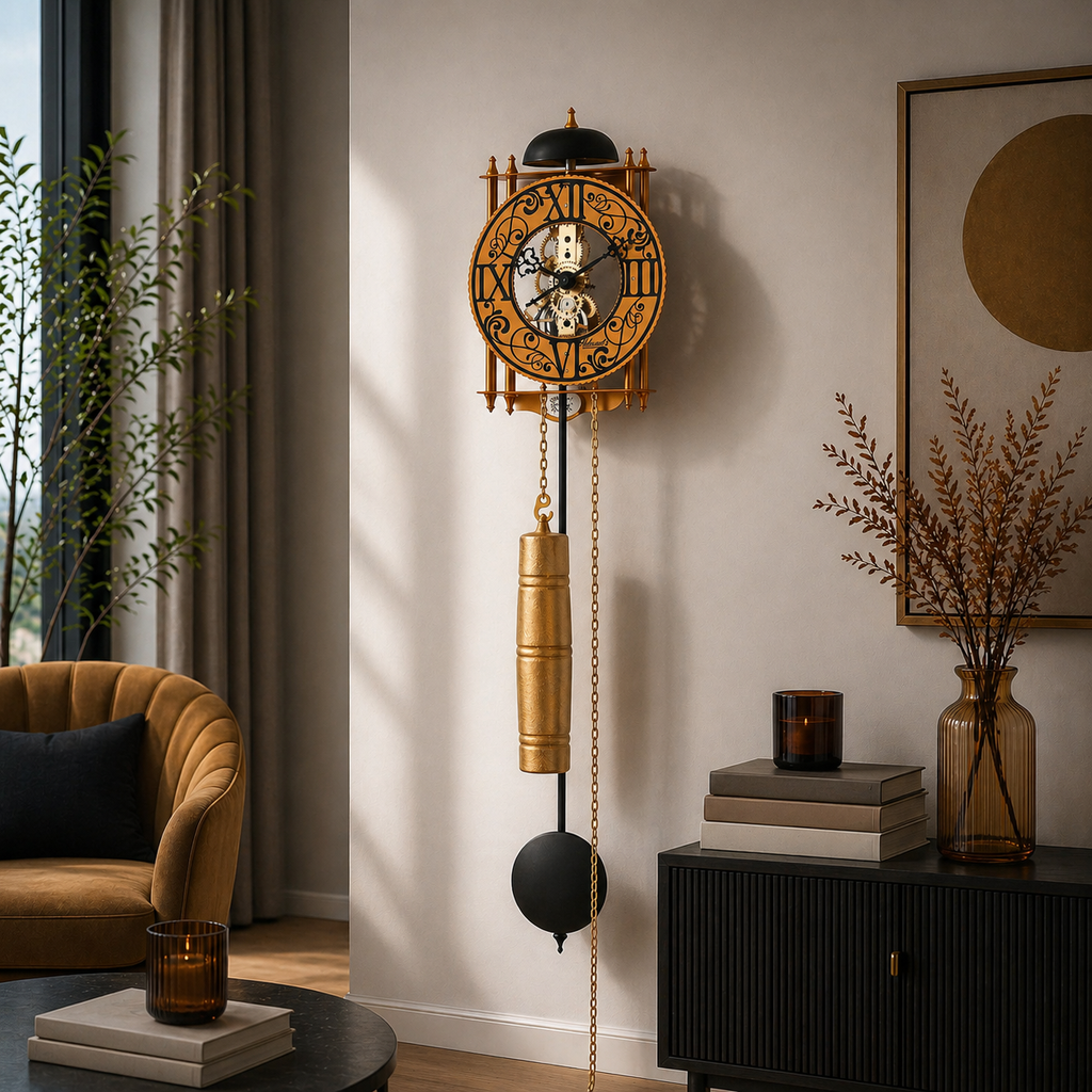 Hermle 71015-T10711 Raubritter Ravensburg Wanduhr in Orange mit Schwarz bedrucktem Reif römische Zahlen