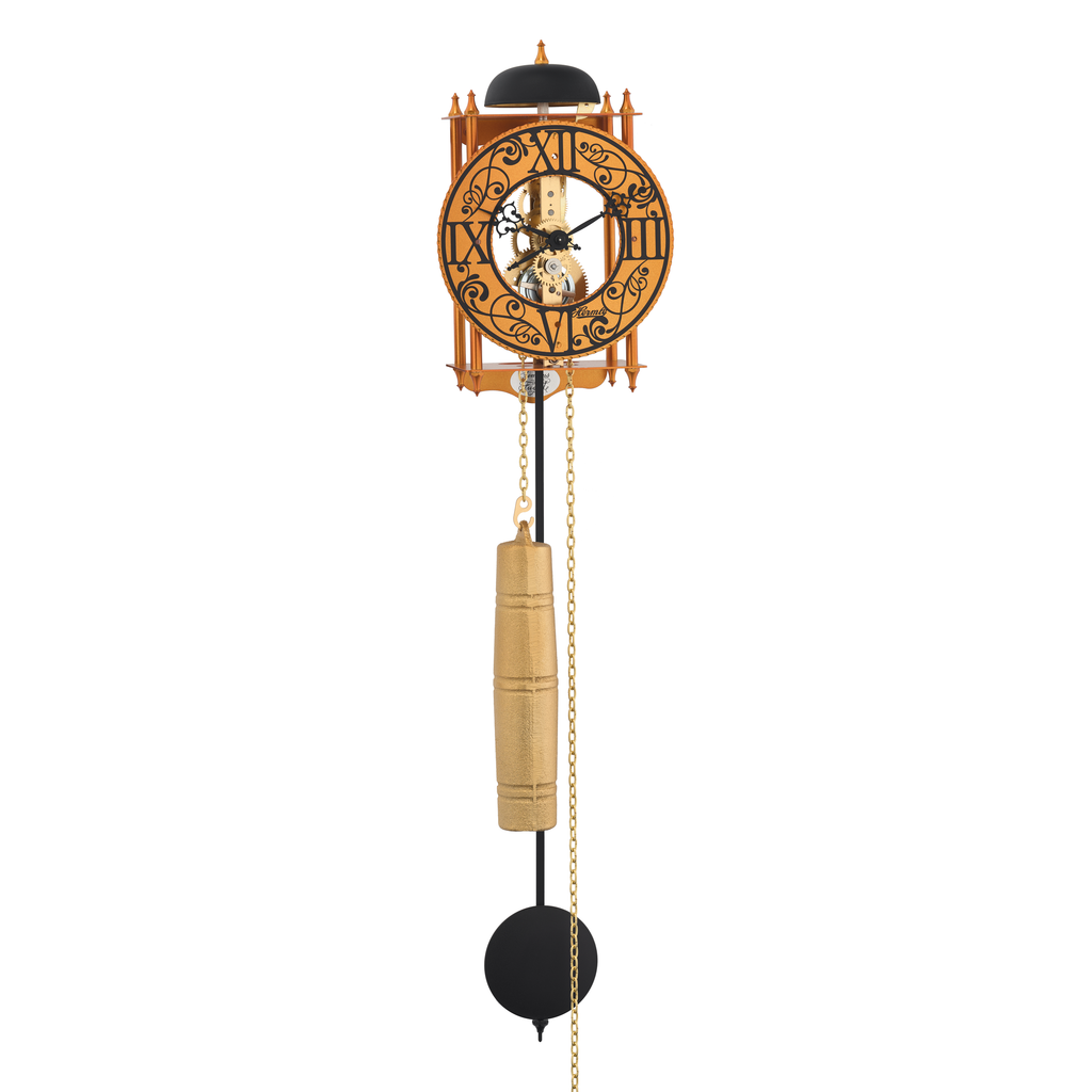 Hermle 71015-T10711 Raubritter Ravensburg Wanduhr in Orange mit Schwarz bedrucktem Reif römische Zahlen
