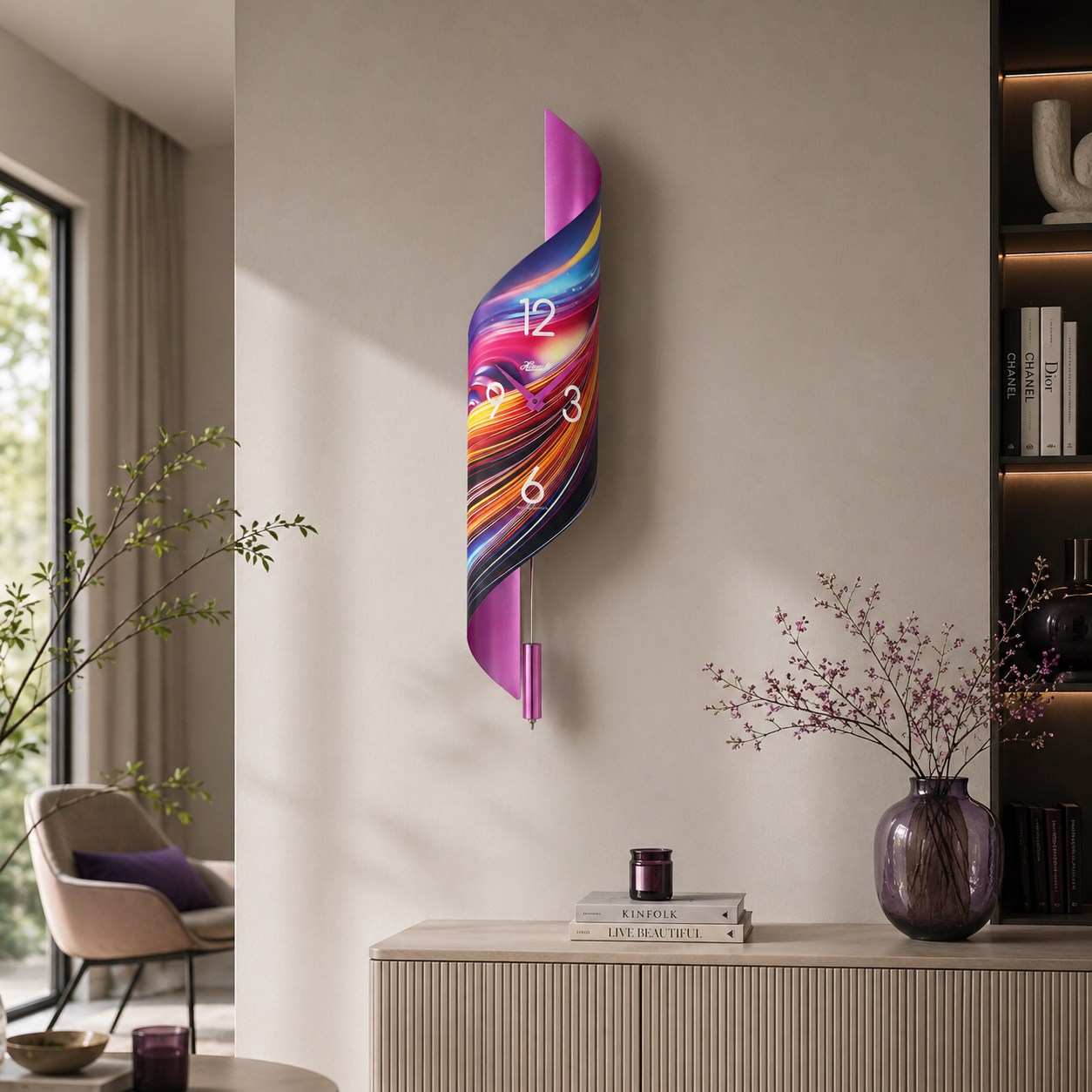 Hermle 71020-K82200 Regulateur Savanna II Edelstahl Vorderseite Motiv bunte Wellen weiße arabische Zahlen 3,6,9,12 Hermle Logo weiß und Rückwand pink glänzend