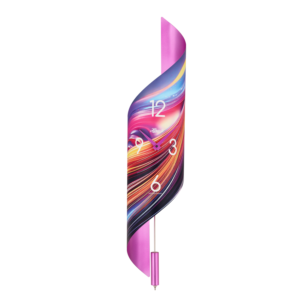 Hermle 71020-K82200 Regulateur Savanna II Edelstahl Vorderseite Motiv bunte Wellen weiße arabische Zahlen 3,6,9,12 Hermle Logo weiß und Rückwand pink glänzend