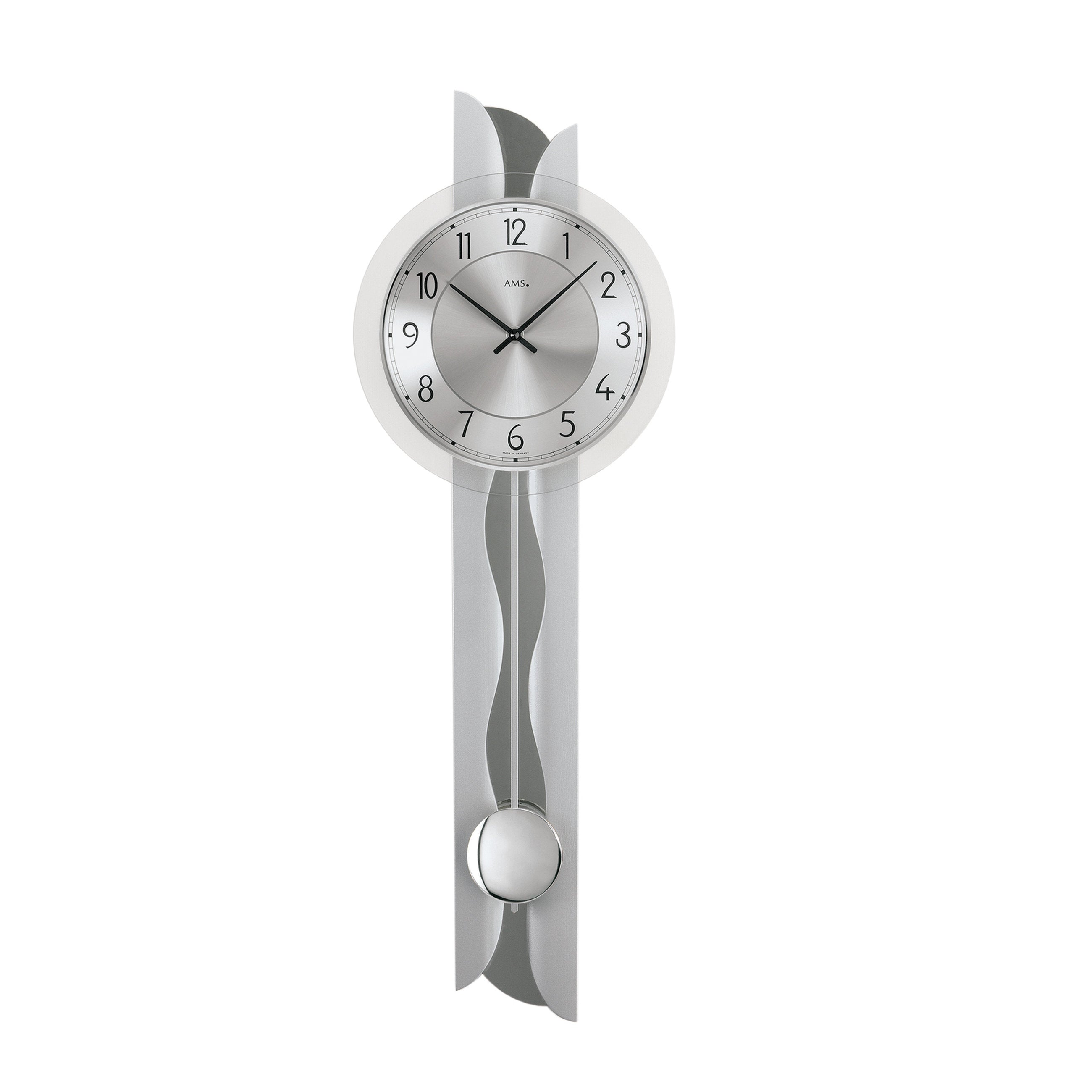 AMS W7216 Pendelwanduhr mit silberlackierter Holzrückwand und Metalleinlage