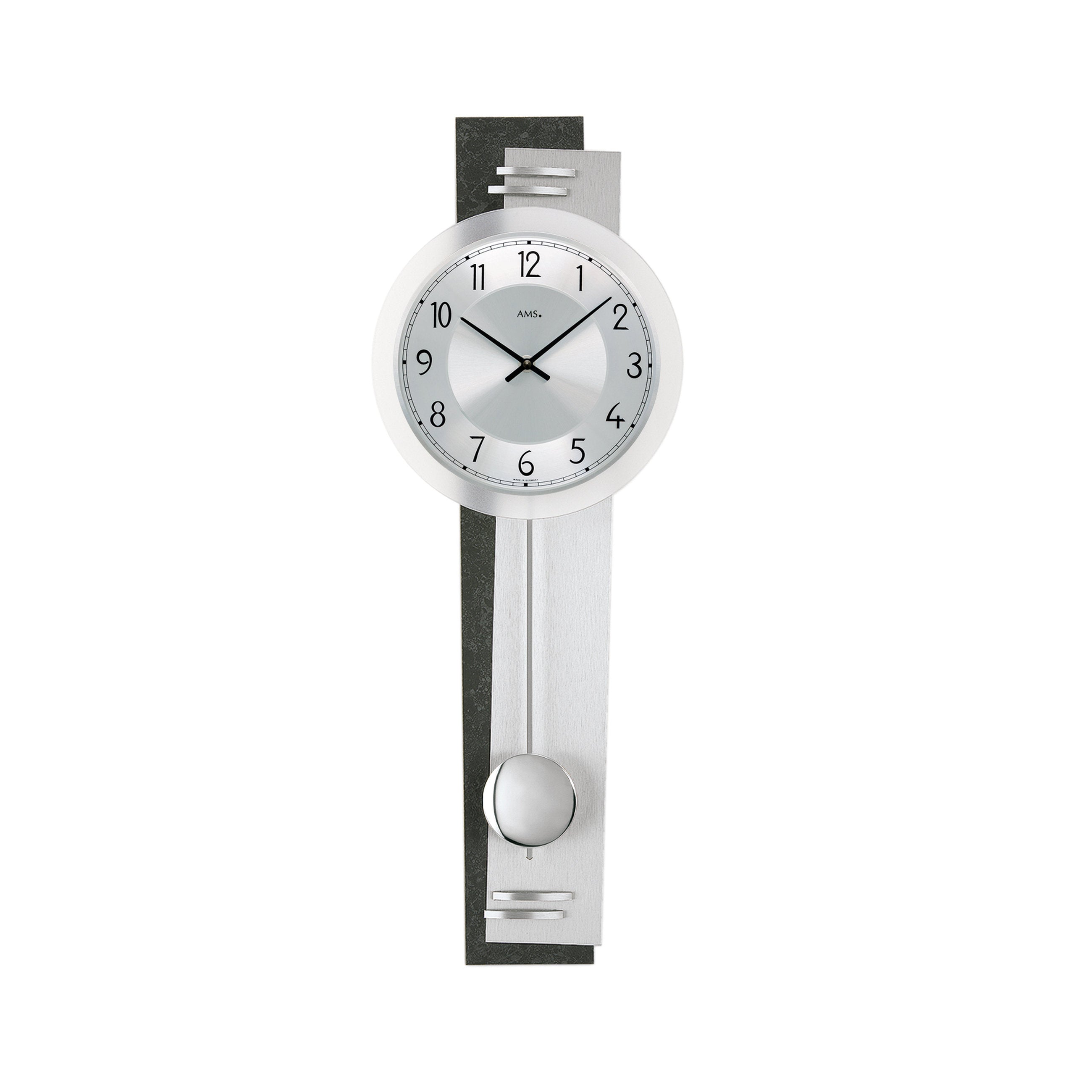 AMS W7255 Pendelwanduhr mit Schiefer-Applikation und geschliffenem Aluminium