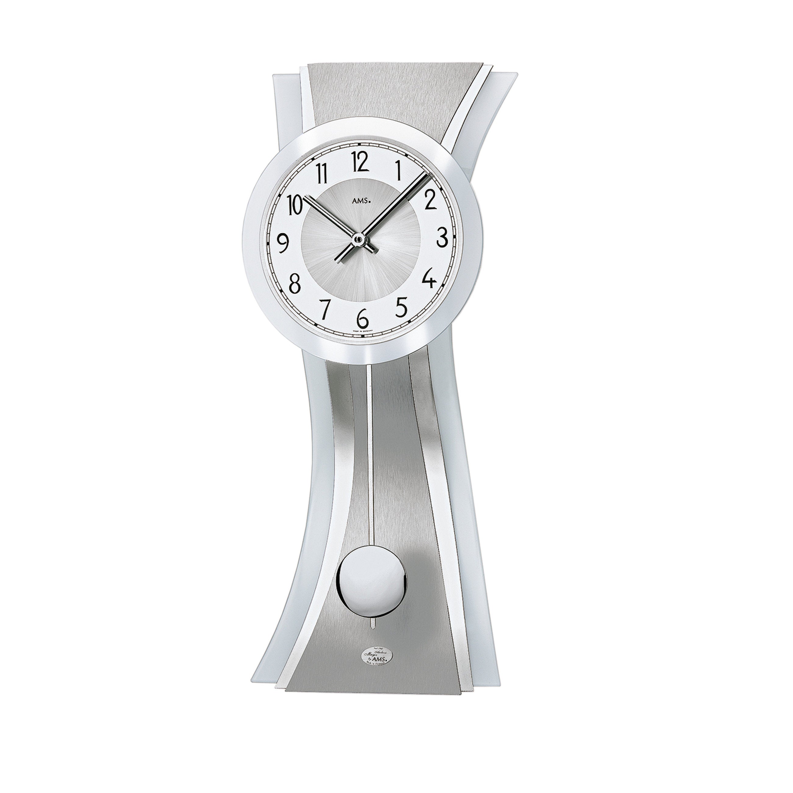 AMS W7268 Pendelwanduhr mit geschwungenem satinierten Glas und Aluminium