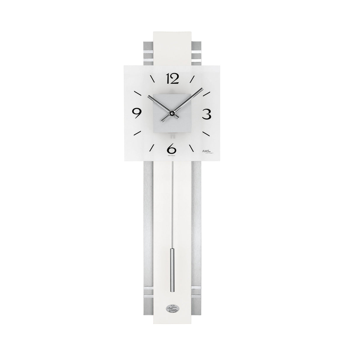 AMS W7302 Pendelwanduhr mit Aluminium-Holzrückwand in Weiß