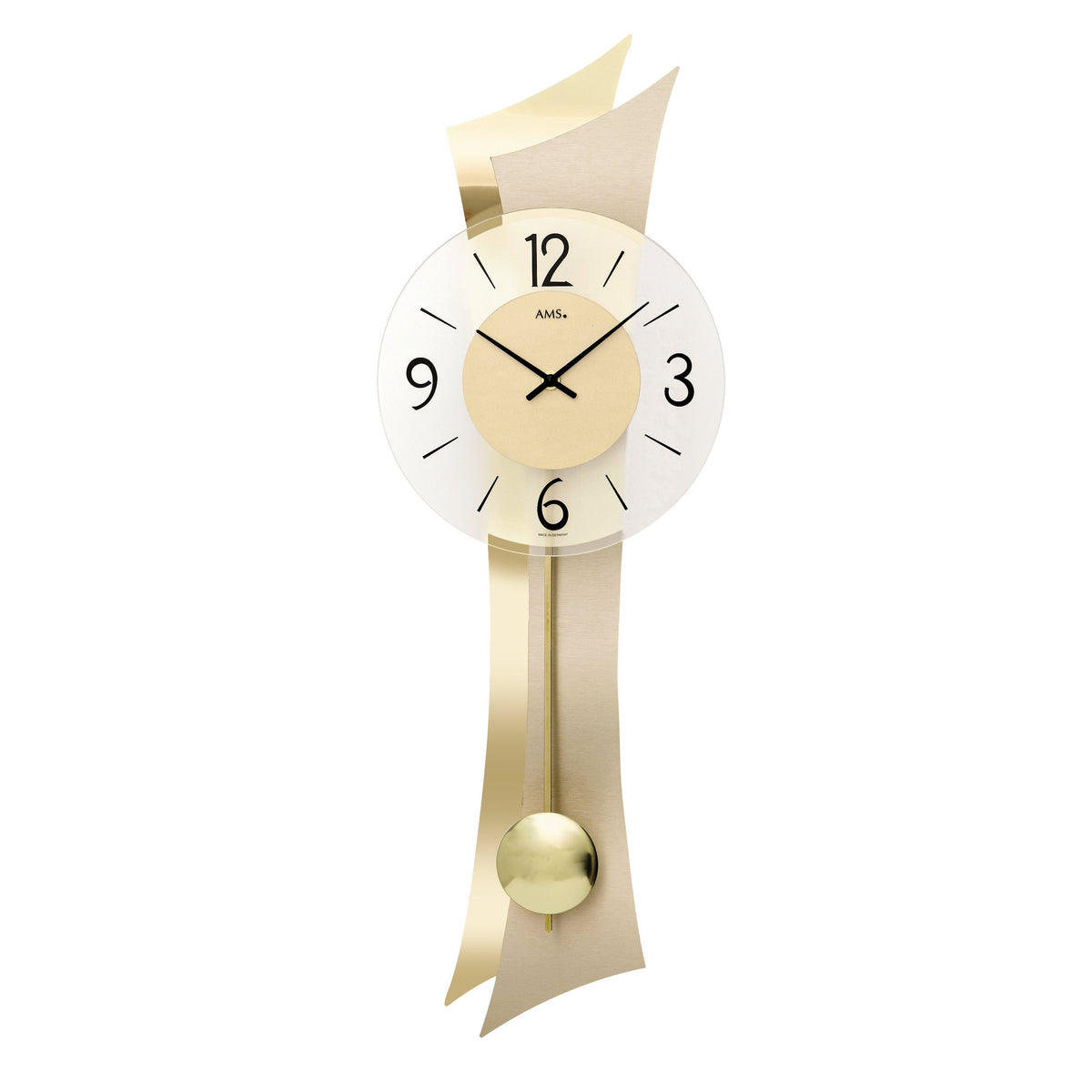 AMS W7427 Pendelwanduhr mit geschwungenem Holzgehäuse und Messing-Applikation