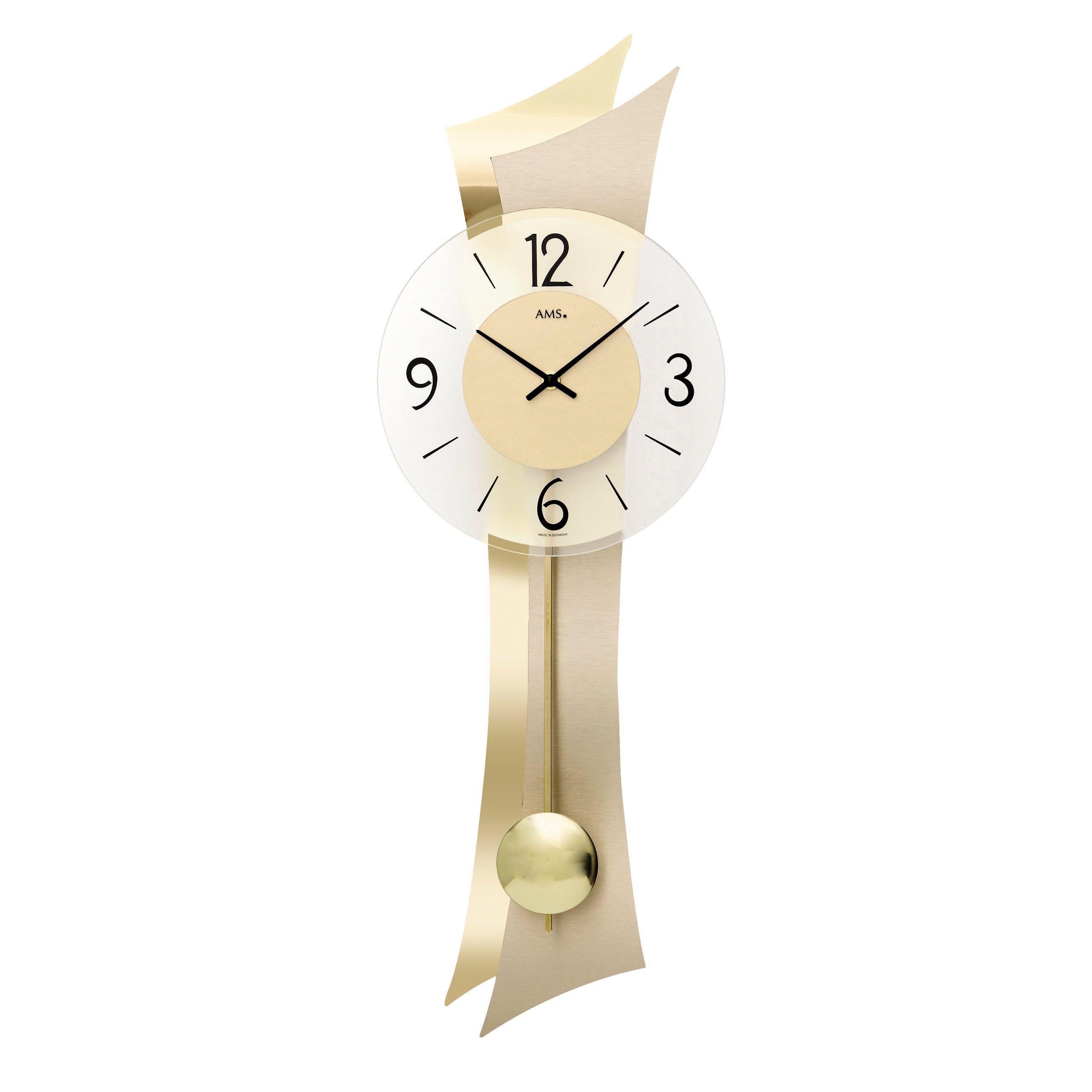 AMS W7427 Pendelwanduhr mit geschwungenem Holzgehäuse und Messing-Applikation
