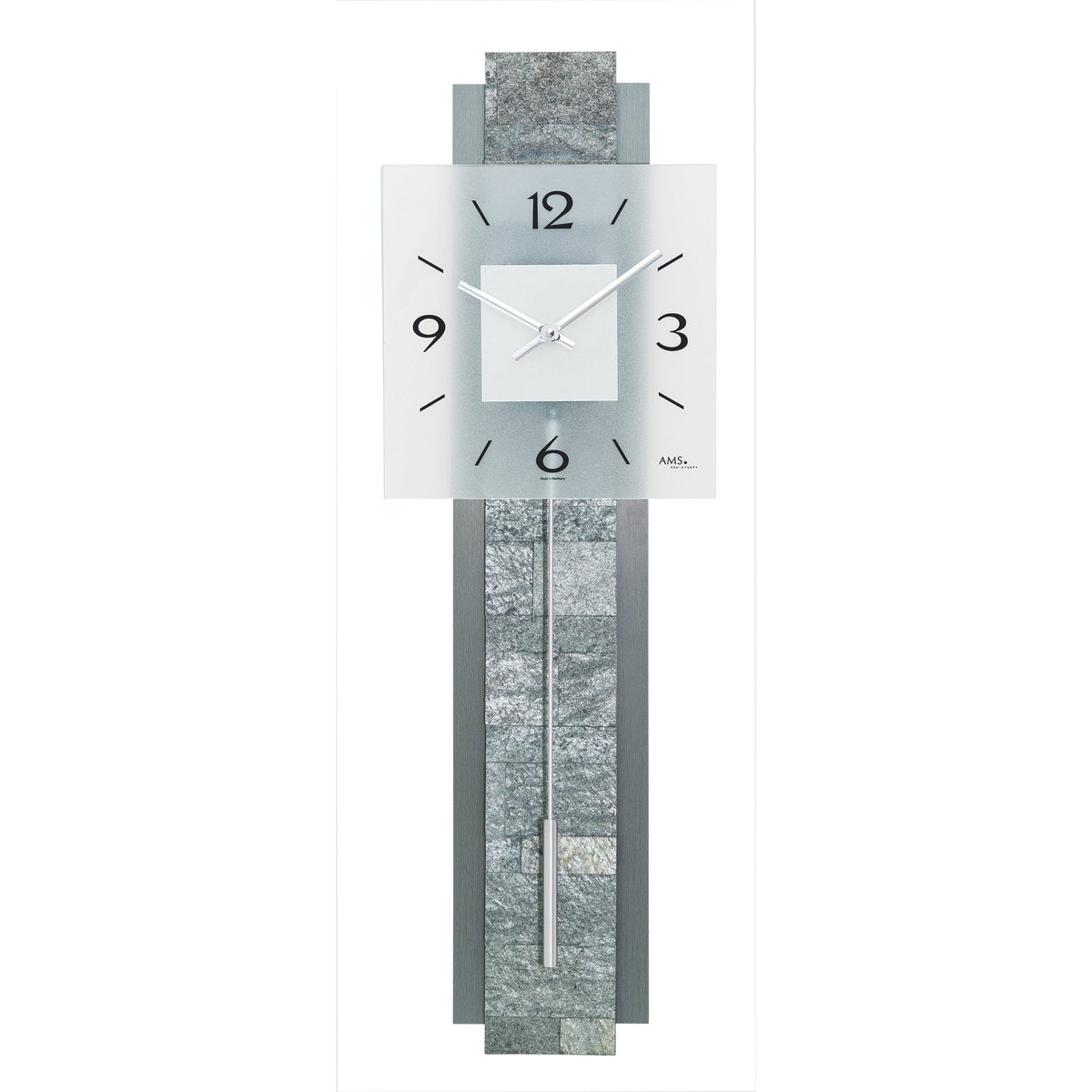 AMS W7472 Pendelwanduhr mit Holzgehäuse und Stein-Aluminium-Optik