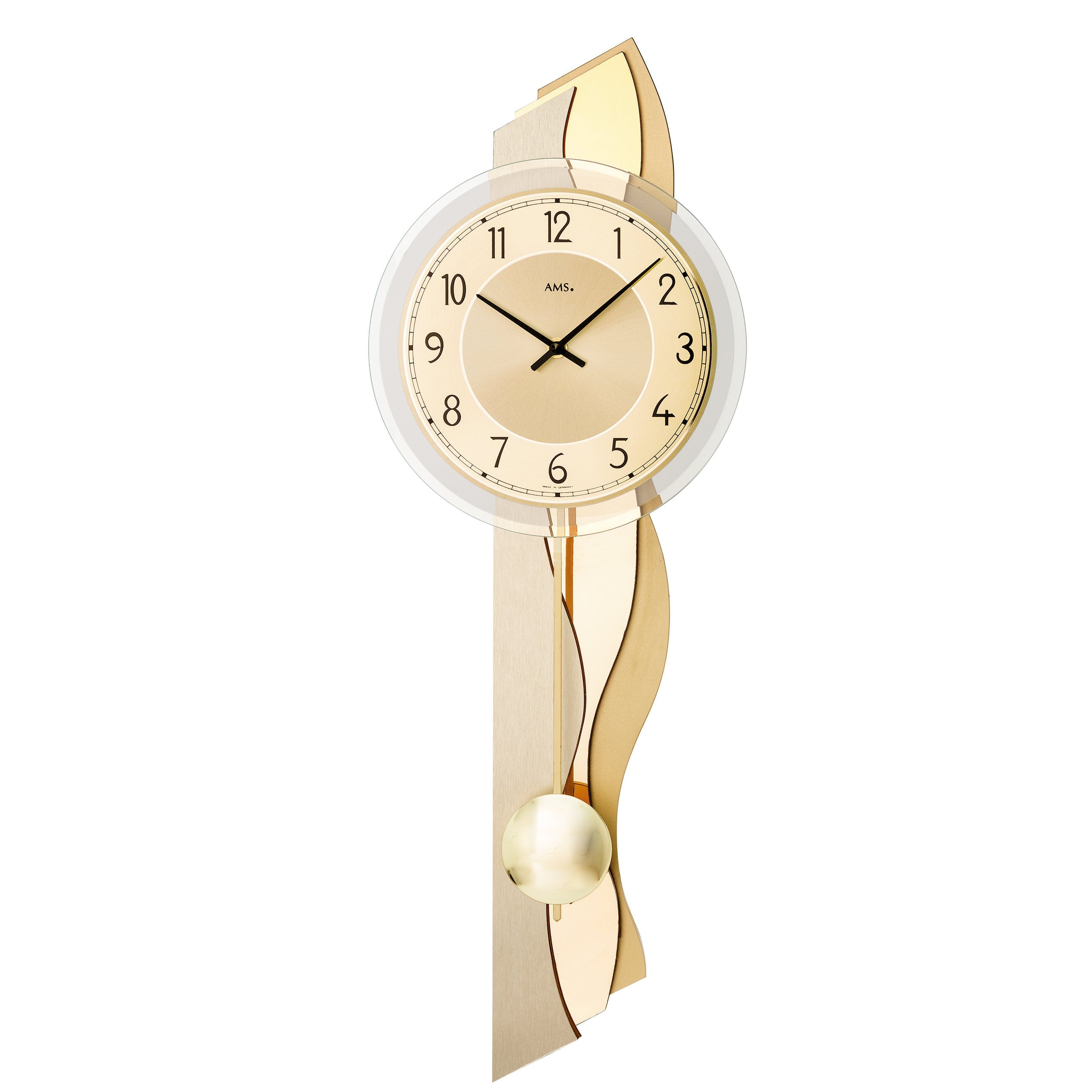 AMS W7477 Pendelwanduhr mit Holzgehäuse und Messing-Aluminium-Auflage