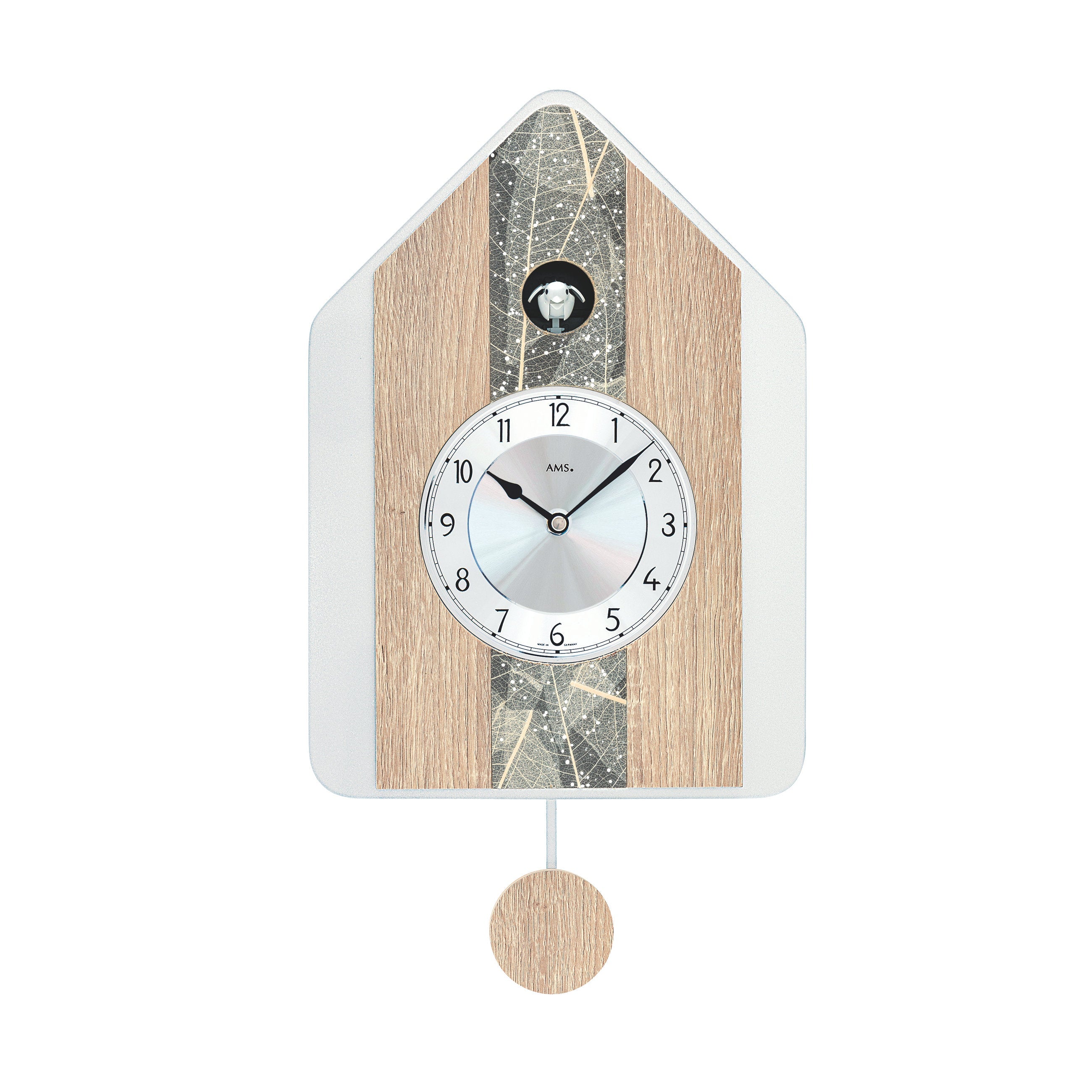 AMS W7499 Kuckucksuhr mit Natur-Baumblatteinlage und Swarovski-Kristallen