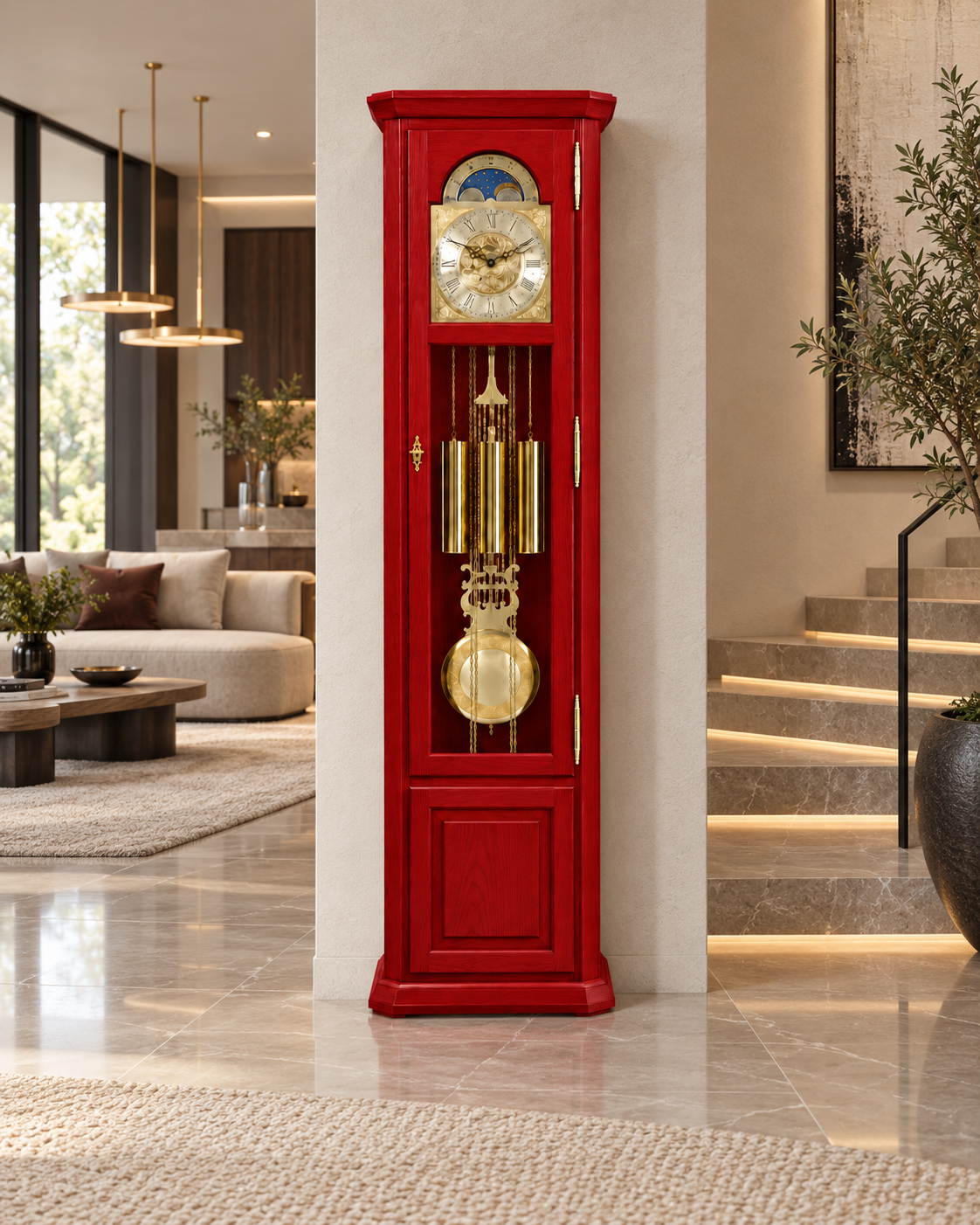Astra Design AD210-04R Standuhr „Rheingold“ aus roter Eiche im Originalton englischer Telefonzellen